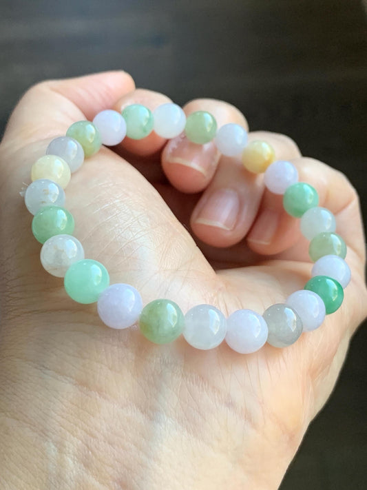 Natural Grade A Icy Translucent Multicolored Jadeite Round Beads Beaded Bracelet Stretchy 7.5mm 19g 天然冰多宝翡翠圆珠手串