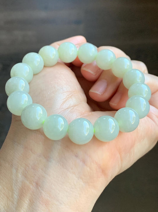 Natural Grade A Icy Translucent Light Beige Jadeite Large Round Beads Beaded Bracelet 12mm 51g  天然冰糖雪梨黄翡翠圆珠手串