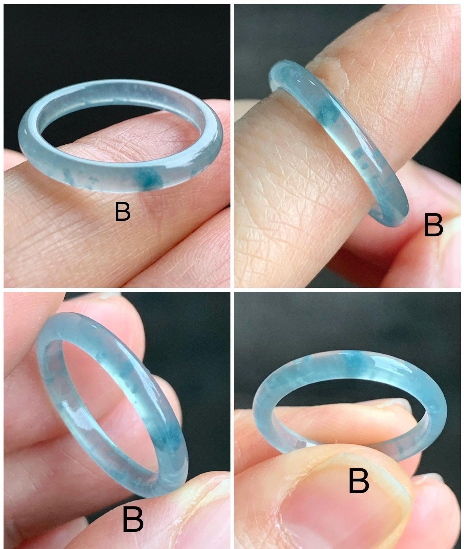 Natural Grade A Guatemalan Icy Highly Translucent Pastel Teal Blue Marbled Jadeite Band Ring Size 6-7.25 US 天然冰危起光浅蓝飘花翡翠戒圈 WDLP