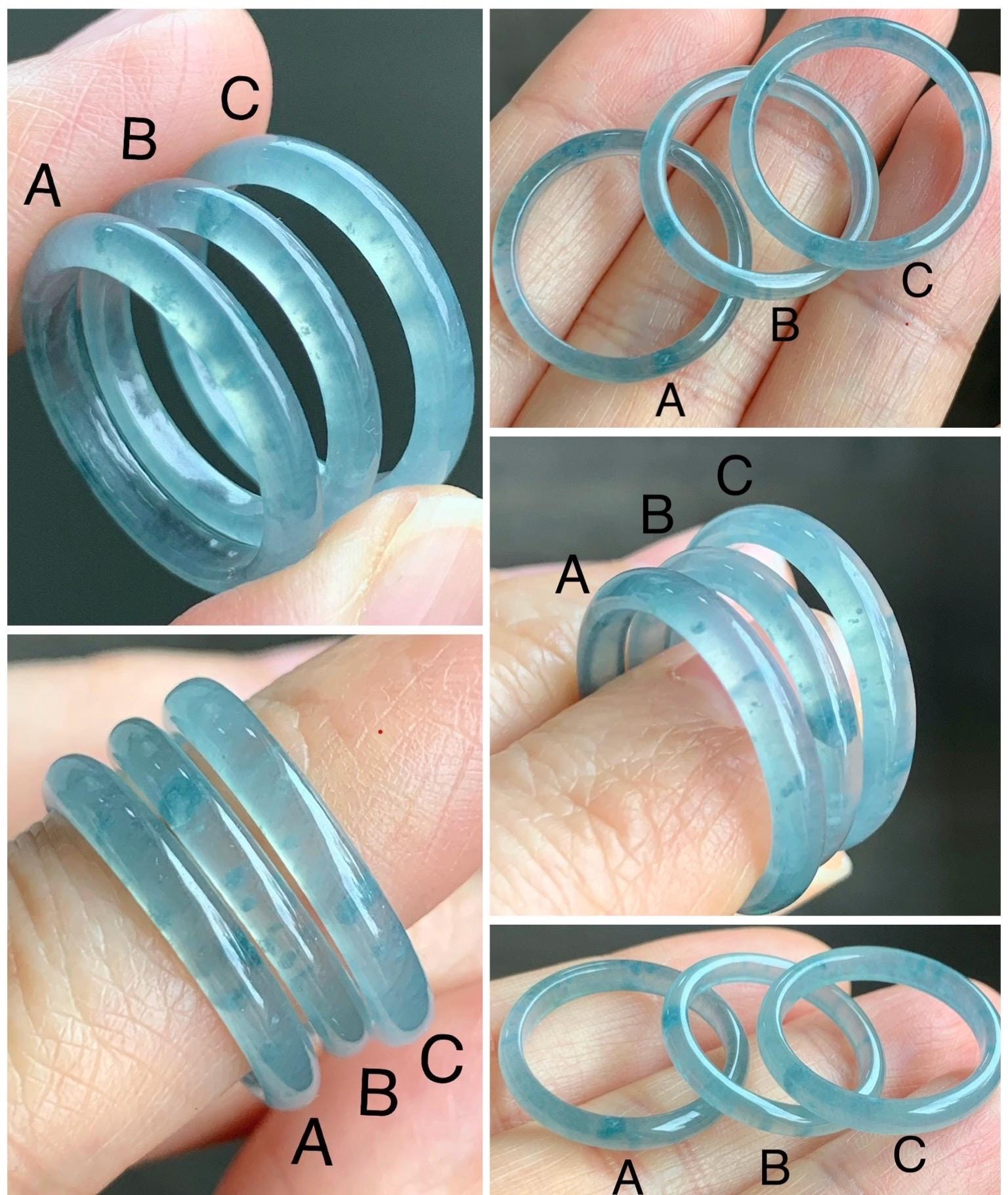 Natural Grade A Guatemalan Icy Highly Translucent Pastel Teal Blue Marbled Jadeite Band Ring Size 6-7.25 US 天然冰危起光浅蓝飘花翡翠戒圈 WDLP
