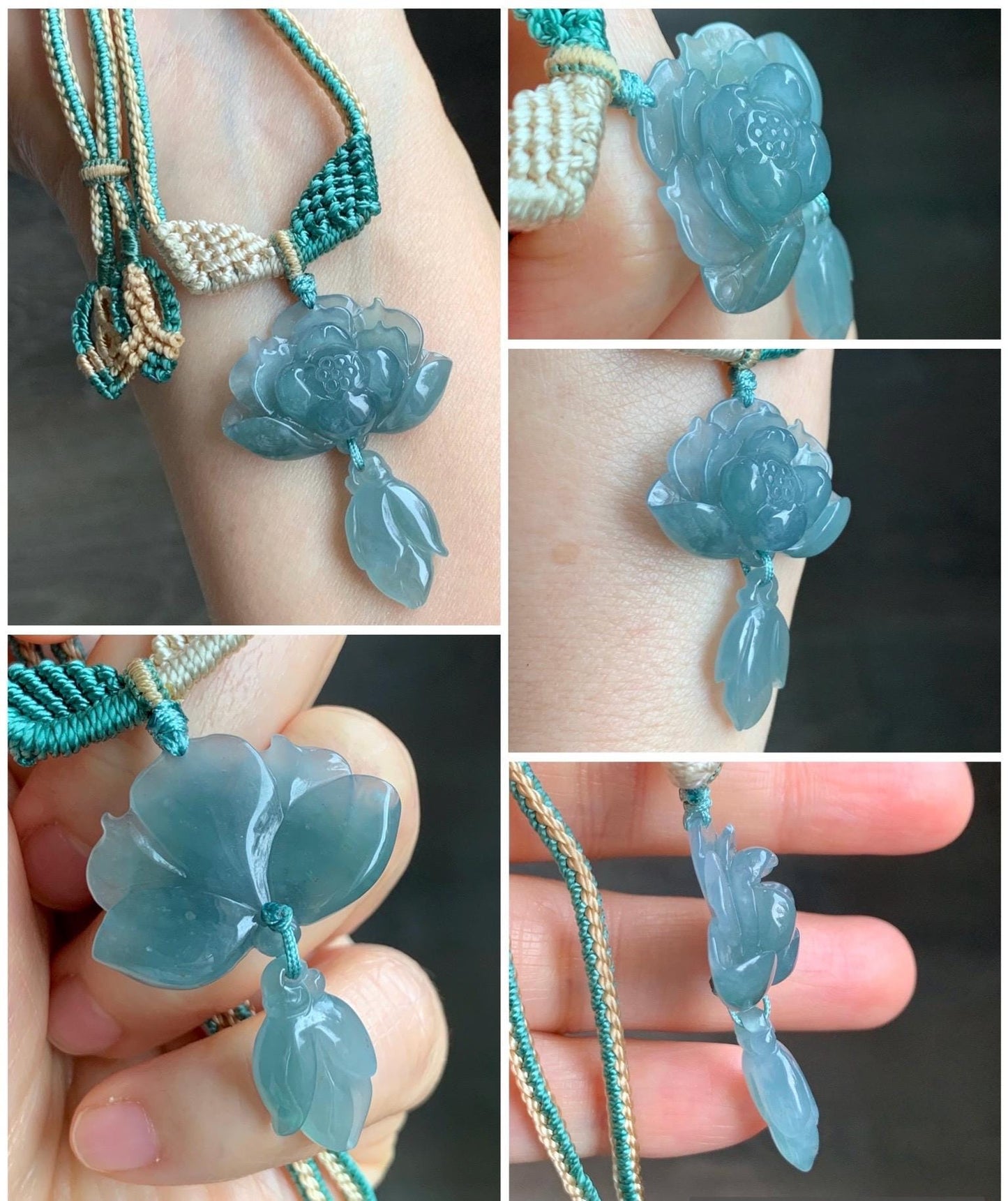 Natural Grade A Guatemalan Icy Translucent Teal Blue Jadeite Lotus Flower Pendant Rope Necklace Adjustable 27” 12g 天然冰危蓝翡翠莲花花苞吊坠挂件 C