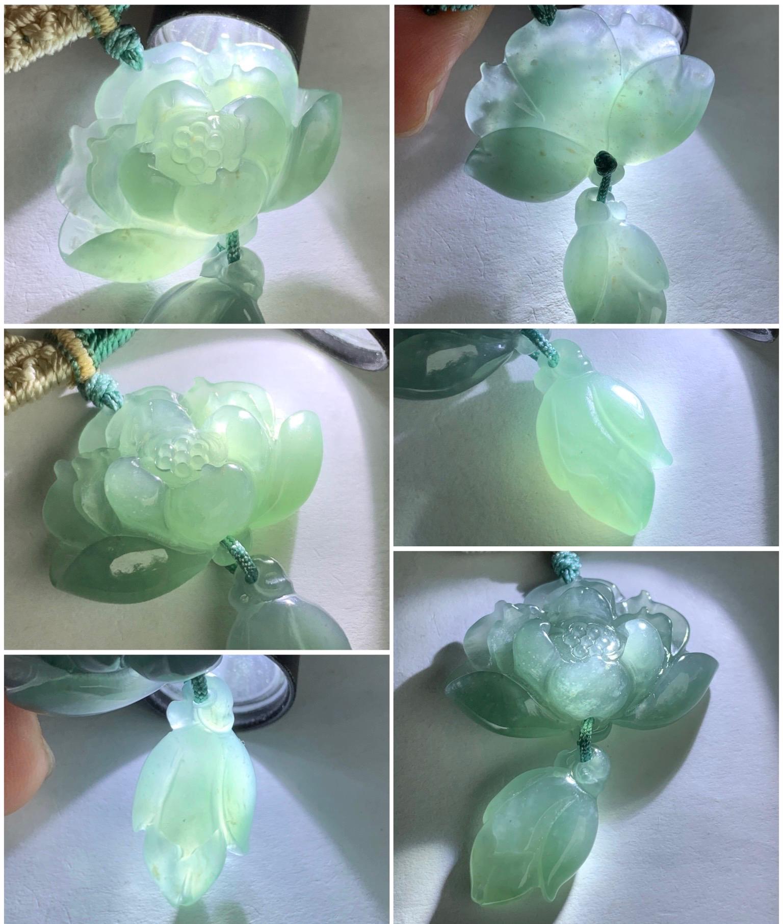 Natural Grade A Guatemalan Icy Translucent Teal Blue Jadeite Lotus Flower Pendant Rope Necklace Adjustable 27” 12g 天然冰危蓝翡翠莲花花苞吊坠挂件 C