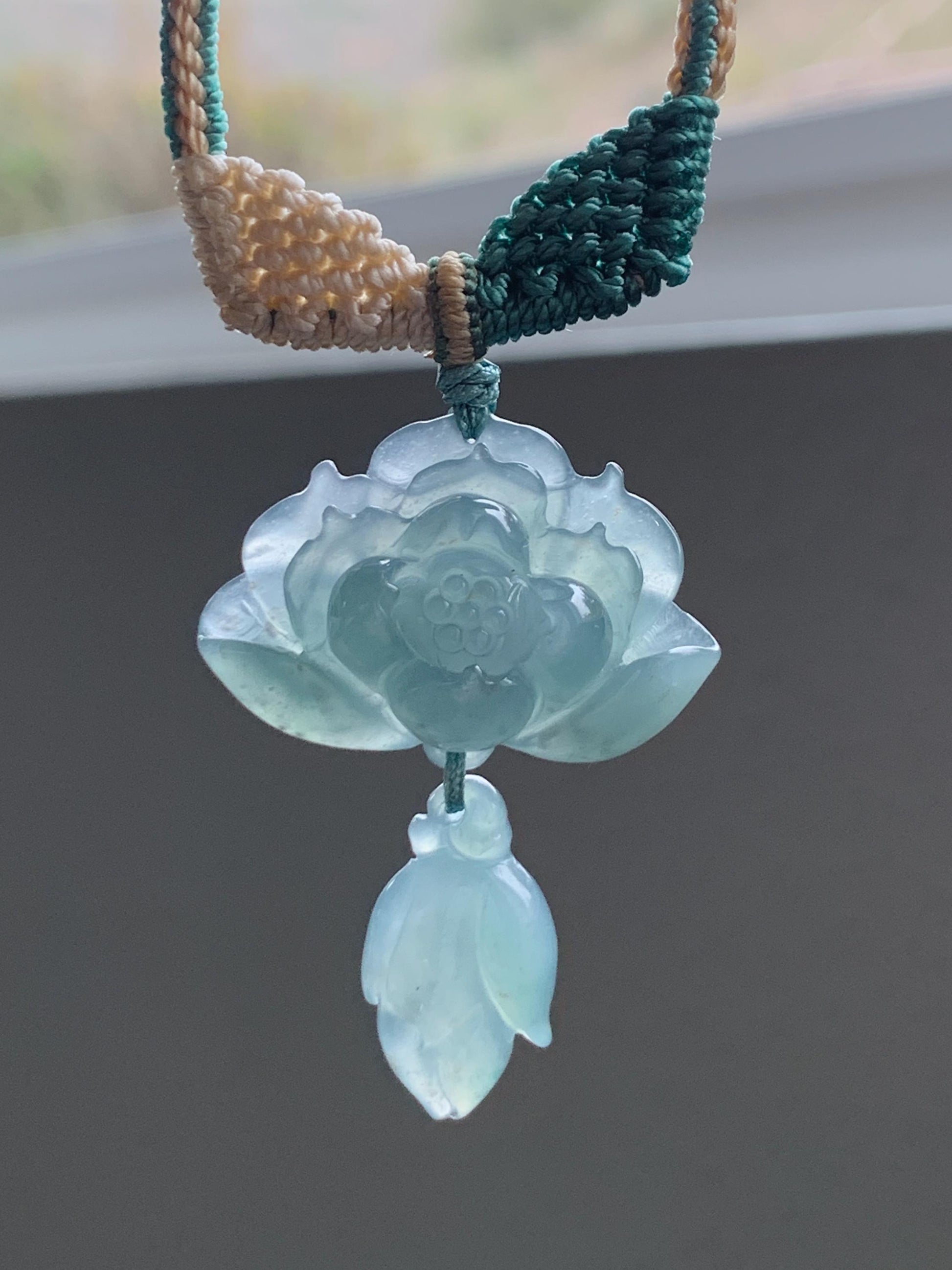 Natural Grade A Guatemalan Icy Translucent Teal Blue Jadeite Lotus Flower Pendant Rope Necklace Adjustable 27” 12g 天然冰危蓝翡翠莲花花苞吊坠挂件 C