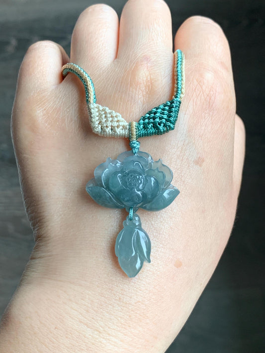 Natural Grade A Guatemalan Icy Translucent Teal Blue Jadeite Lotus Flower Pendant Rope Necklace Adjustable 27” 12g 天然冰危蓝翡翠莲花花苞吊坠挂件 C