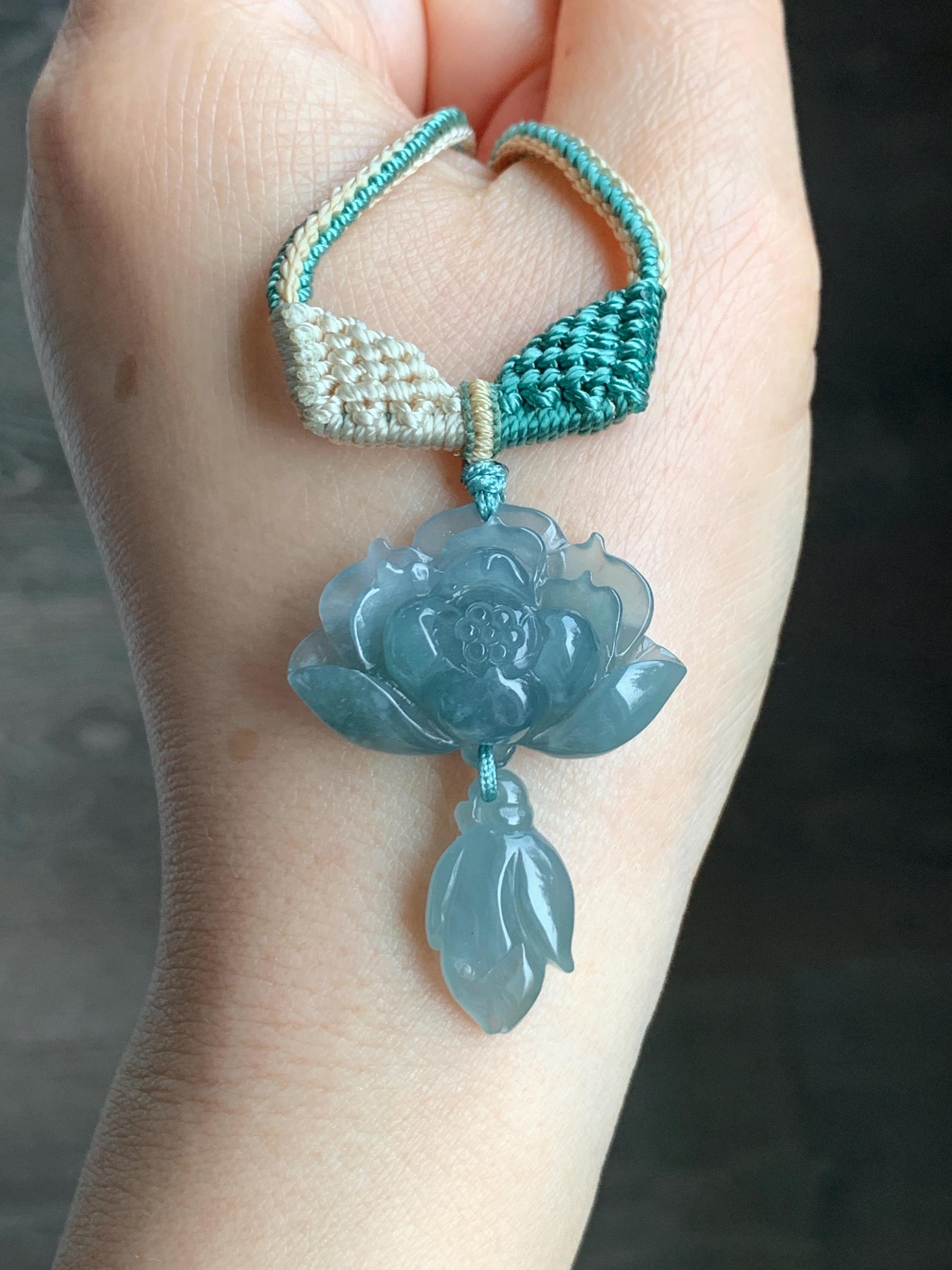 Natural Grade A Guatemalan Icy Translucent Teal Blue Jadeite Lotus Flower Pendant Rope Necklace Adjustable 27” 12g 天然冰危蓝翡翠莲花花苞吊坠挂件 C