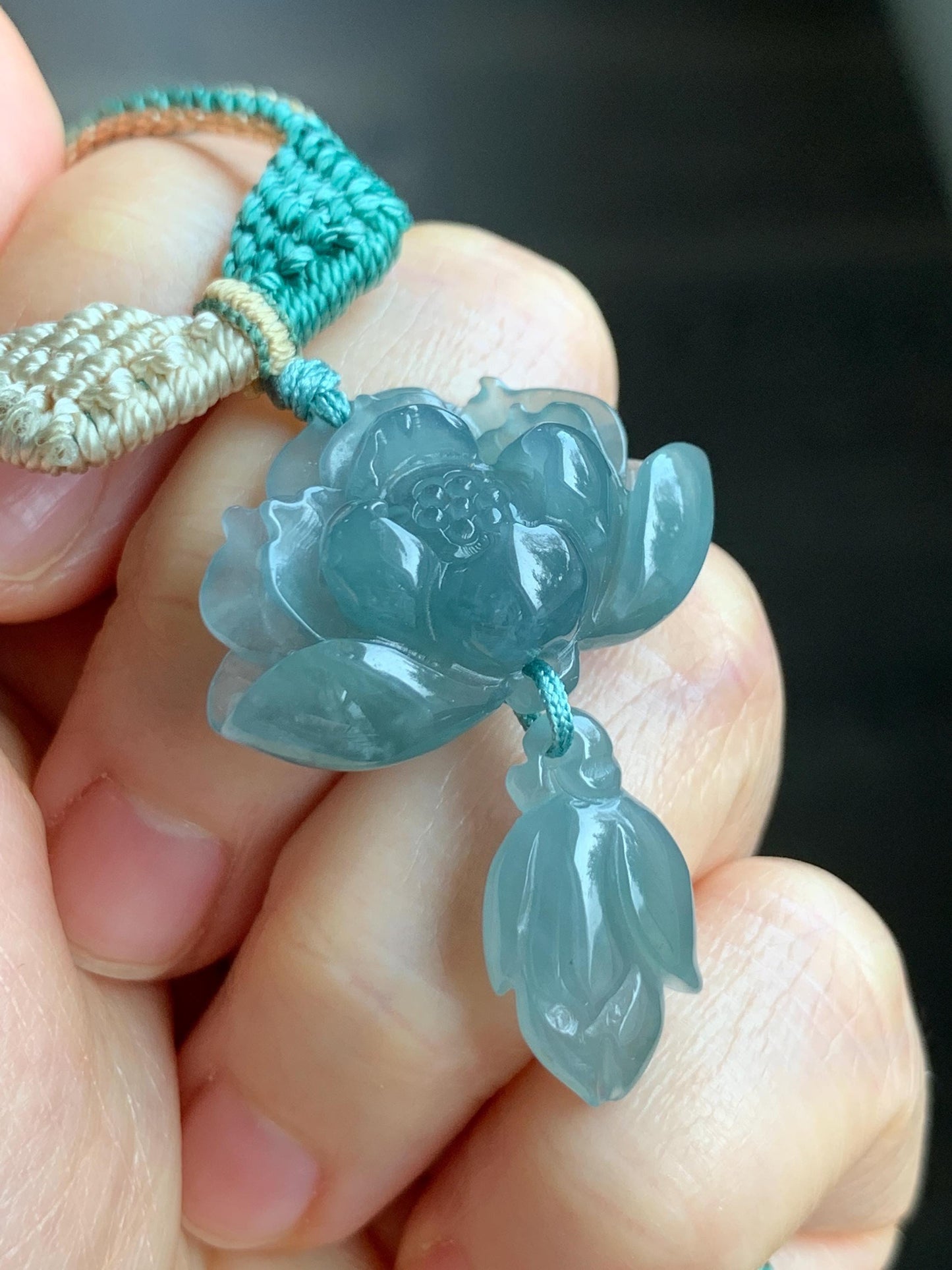 Natural Grade A Guatemalan Icy Translucent Teal Blue Jadeite Lotus Flower Pendant Rope Necklace Adjustable 27” 12g 天然冰危蓝翡翠莲花花苞吊坠挂件 C