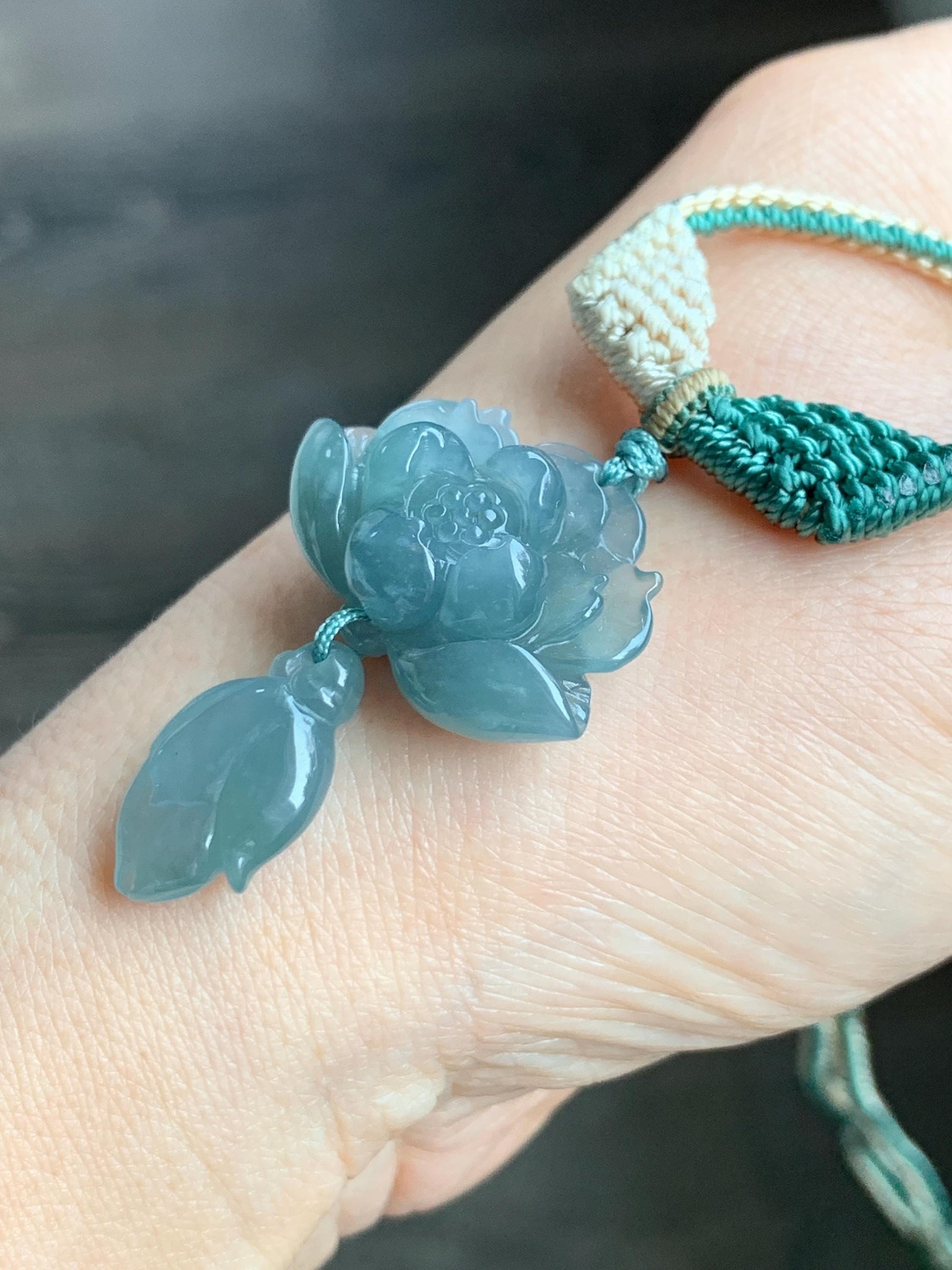 Natural Grade A Guatemalan Icy Translucent Teal Blue Jadeite Lotus Flower Pendant Rope Necklace Adjustable 27” 12g 天然冰危蓝翡翠莲花花苞吊坠挂件 C