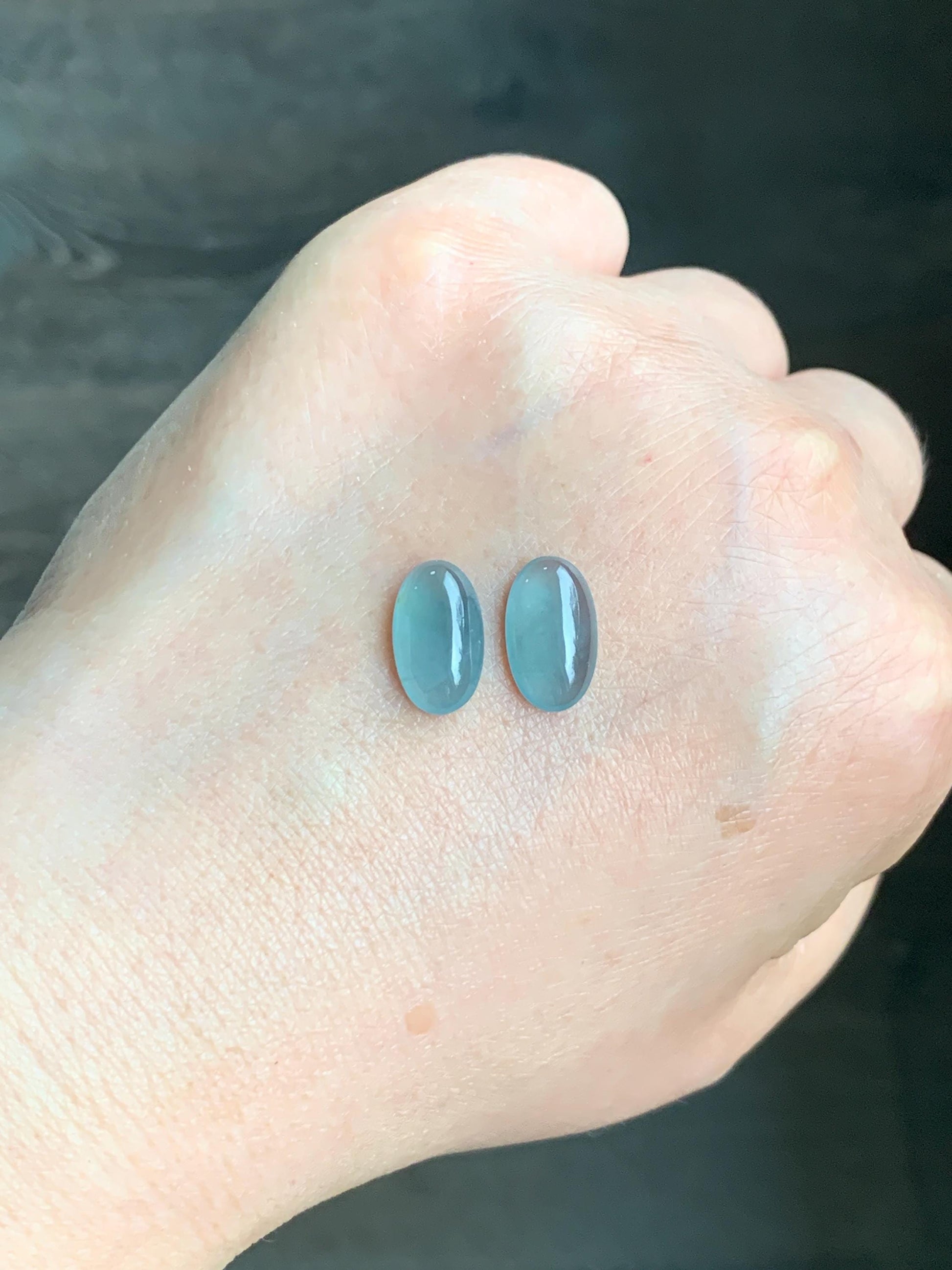Natural Grade A Guatemalan Icy Highly Translucent Light Blue Jadeite Oval Cabochon Set of 2 For Earrings 天然老种冰危浅蓝翡翠椭圆蛋面 TYD180