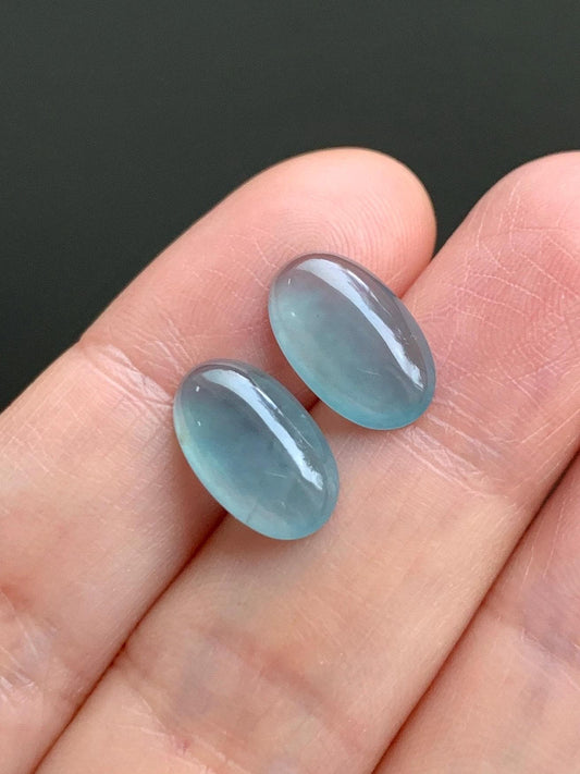 Natural Grade A Guatemalan Icy Highly Translucent Light Blue Jadeite Oval Cabochon Set of 2 For Earrings 天然老种冰危浅蓝翡翠椭圆蛋面 TYD180