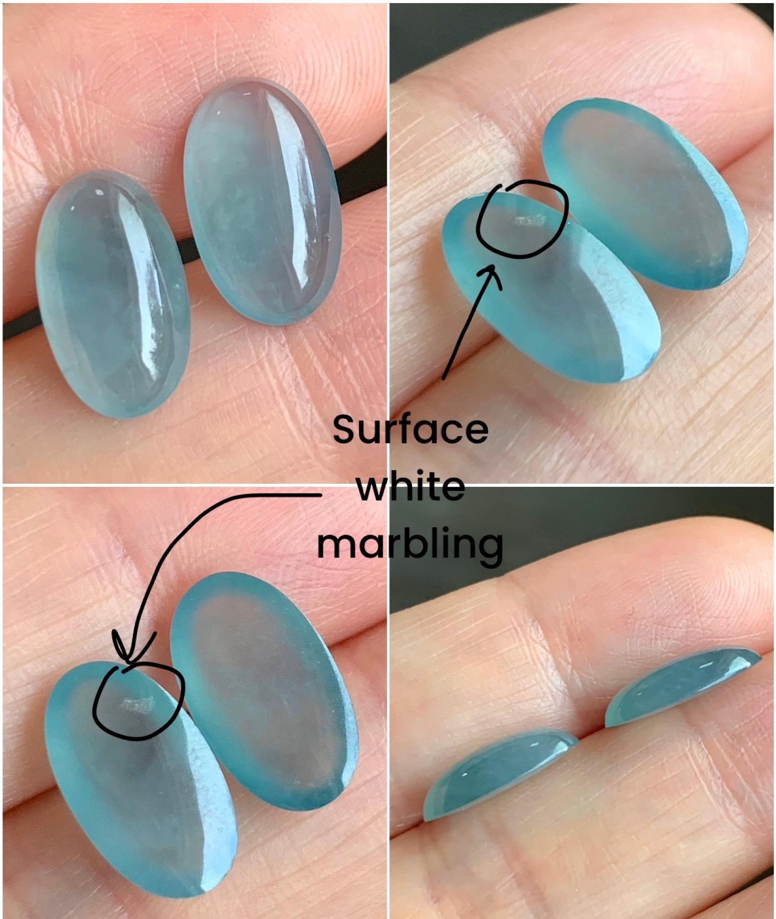 Natural Grade A Guatemalan Icy Highly Translucent Light Blue Jadeite Oval Cabochon Set of 2 For Earrings 天然老种冰危浅蓝翡翠椭圆蛋面 TYD180