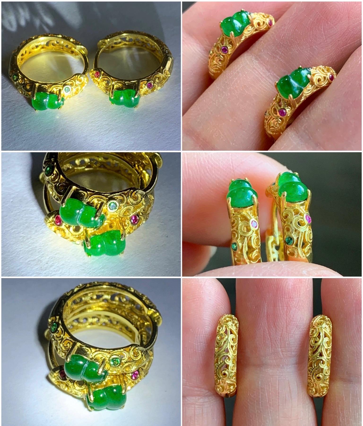 Natural Guatemalan Icy Translucent Vibrant Green Gourd Jadeite Hoop Huggie Earrings Sterling Silver Yellow Gold Overlay 天然冰危绿翡翠葫芦银镶耳包 HWL80