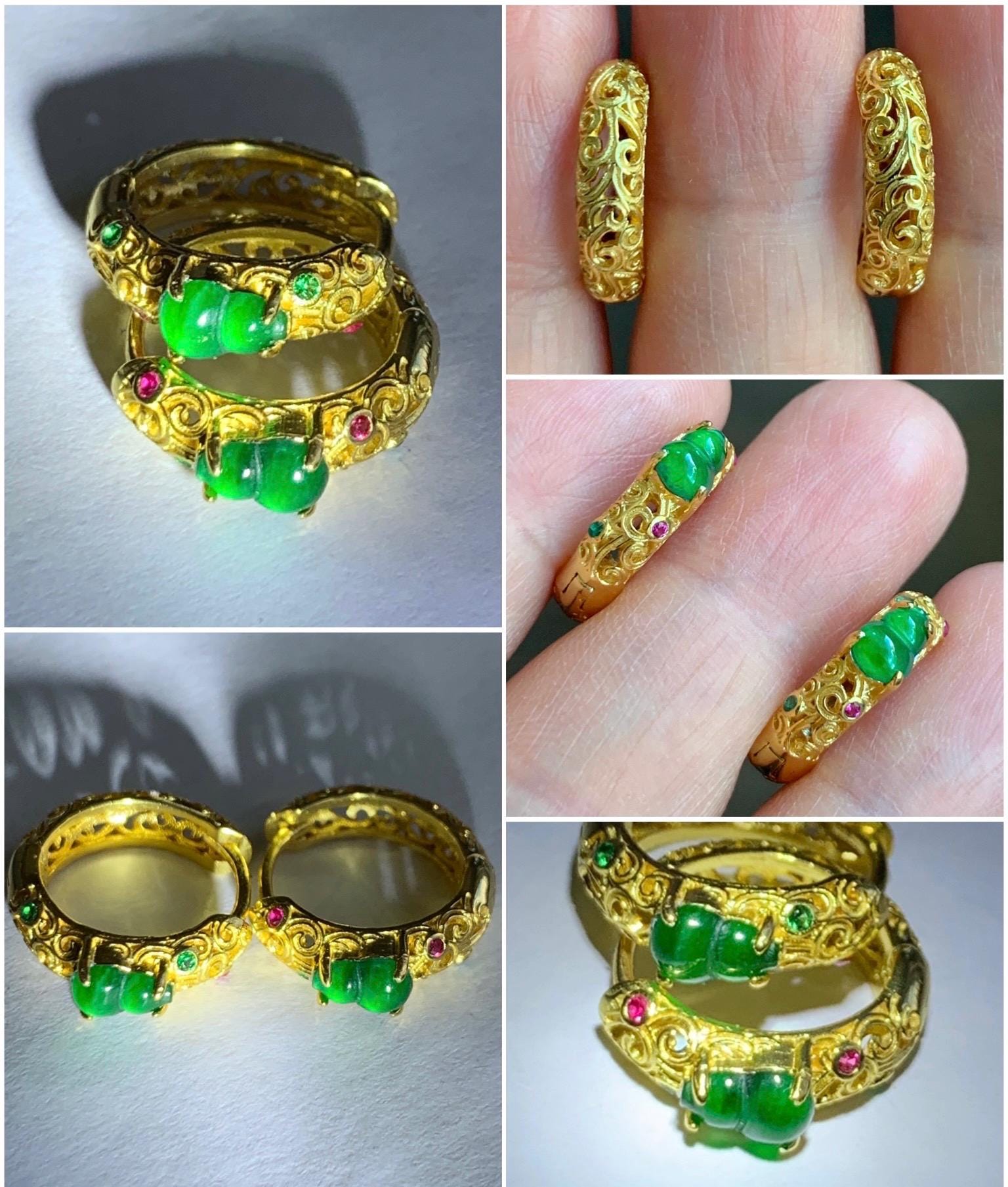 Natural Guatemalan Icy Translucent Vibrant Green Gourd Jadeite Hoop Huggie Earrings Sterling Silver Yellow Gold Overlay 天然冰危绿翡翠葫芦银镶耳包 HWL70