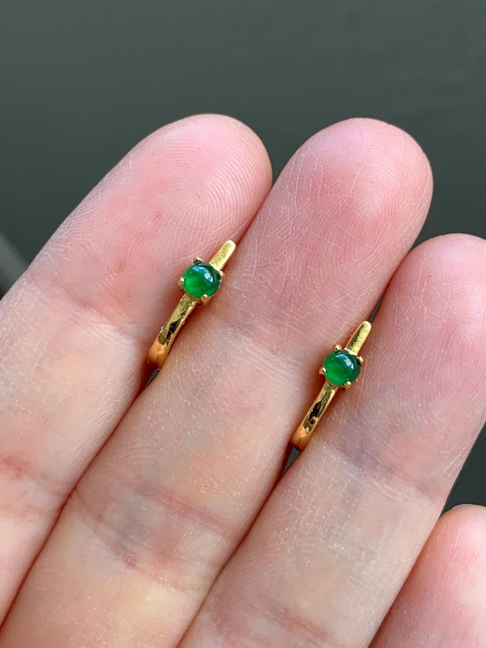 Natural Guatemalan Grade A Icy Translucent Vibrant Green Jadeite Hoop Huggie Earrings Sterling Silver Yellow Gold Overlay 天然冰危绿翡翠银镶耳包 JDEB50
