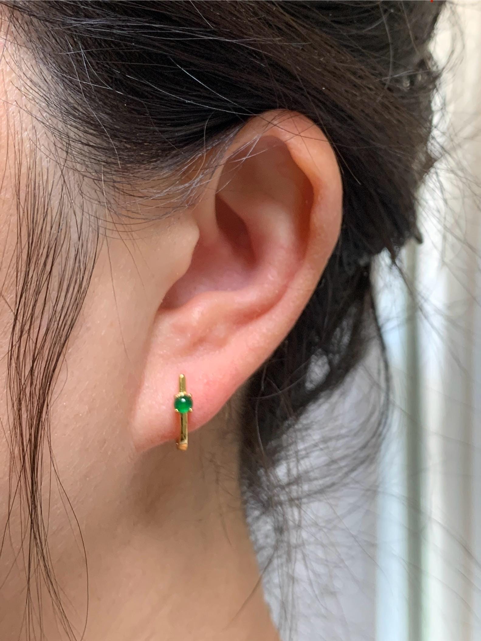 Natural Guatemalan Grade A Icy Translucent Vibrant Green Jadeite Hoop Huggie Earrings Sterling Silver Yellow Gold Overlay 天然冰危绿翡翠银镶耳包 JDEB50