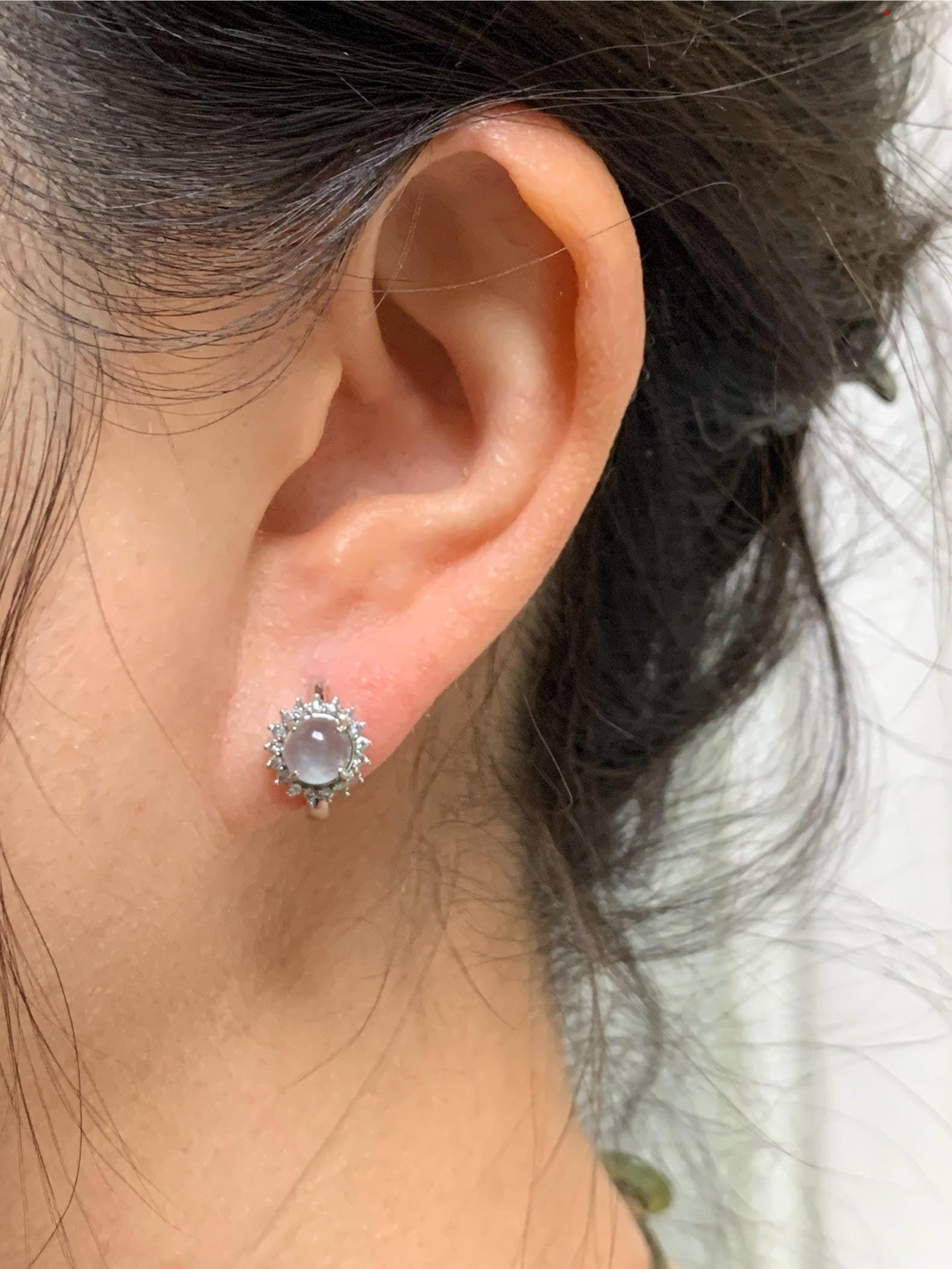Natural Grade A Guatemalan Icy Highly Translucent Pastel Blue Jadeite Halo Style Huggie Hoop Earrings 天然冰危淡蓝翡翠银镶耳包 WBHD70
