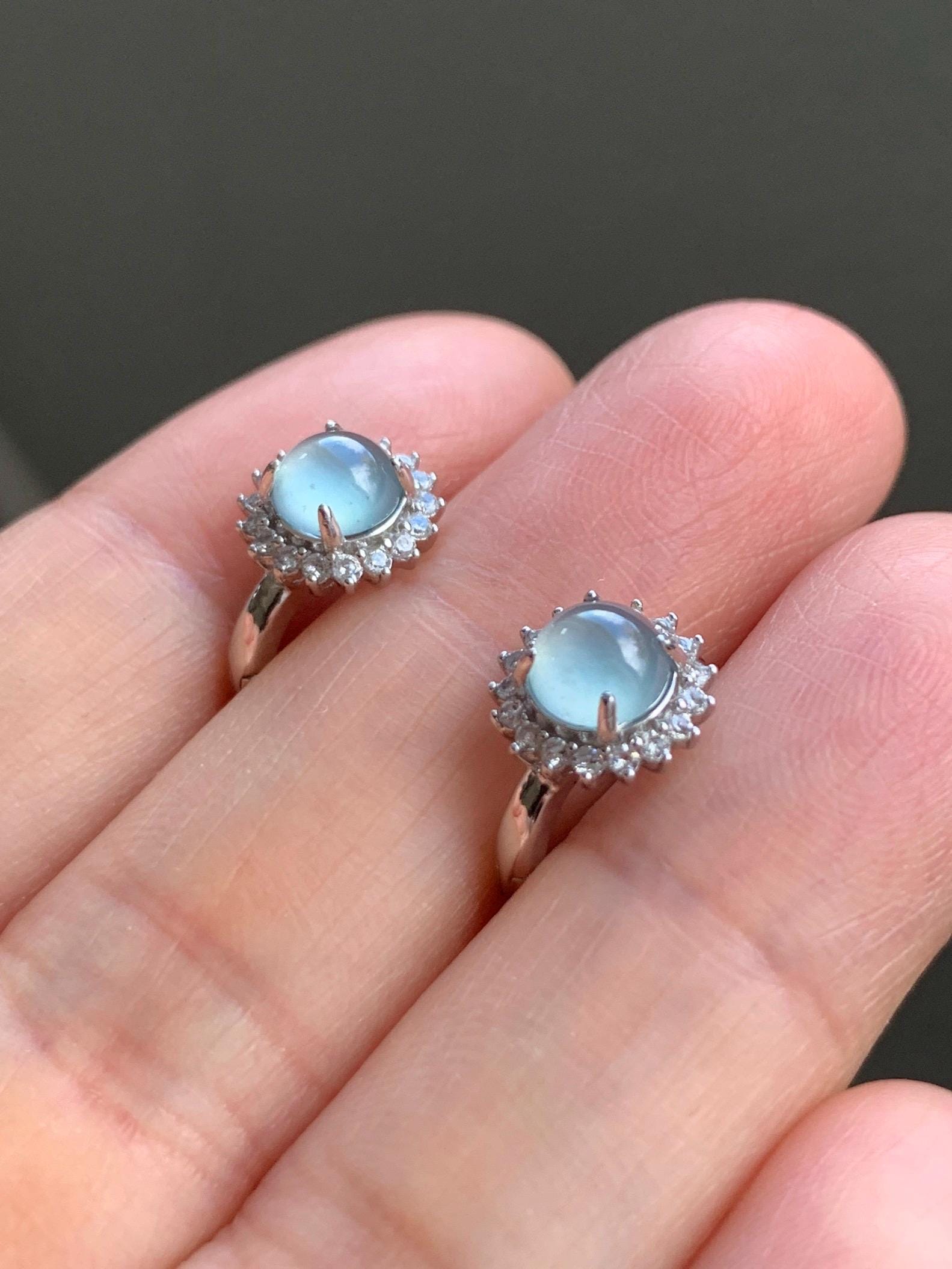 Natural Grade A Guatemalan Icy Highly Translucent Pastel Blue Jadeite Halo Style Huggie Hoop Earrings 天然冰危淡蓝翡翠银镶耳包 WBHD70