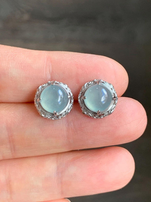 Natural Guatemalan Grade A Icy Highly Translucent Pastel Light Blue Jadeite Round Stud Earrings Sterling Silver 天然冰危淡蓝翡翠蛋面银镶耳钉 DLWD90