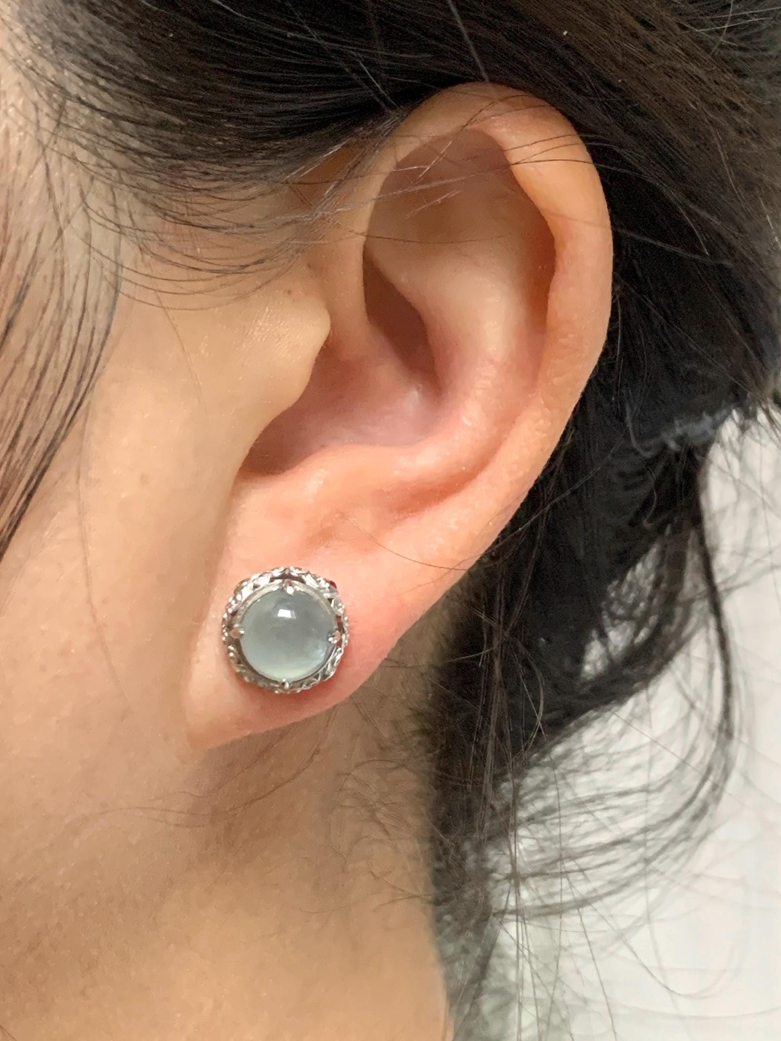 Natural Guatemalan Grade A Icy Highly Translucent Pastel Light Blue Jadeite Round Stud Earrings Sterling Silver 天然冰危淡蓝翡翠蛋面银镶耳钉 DLWD90