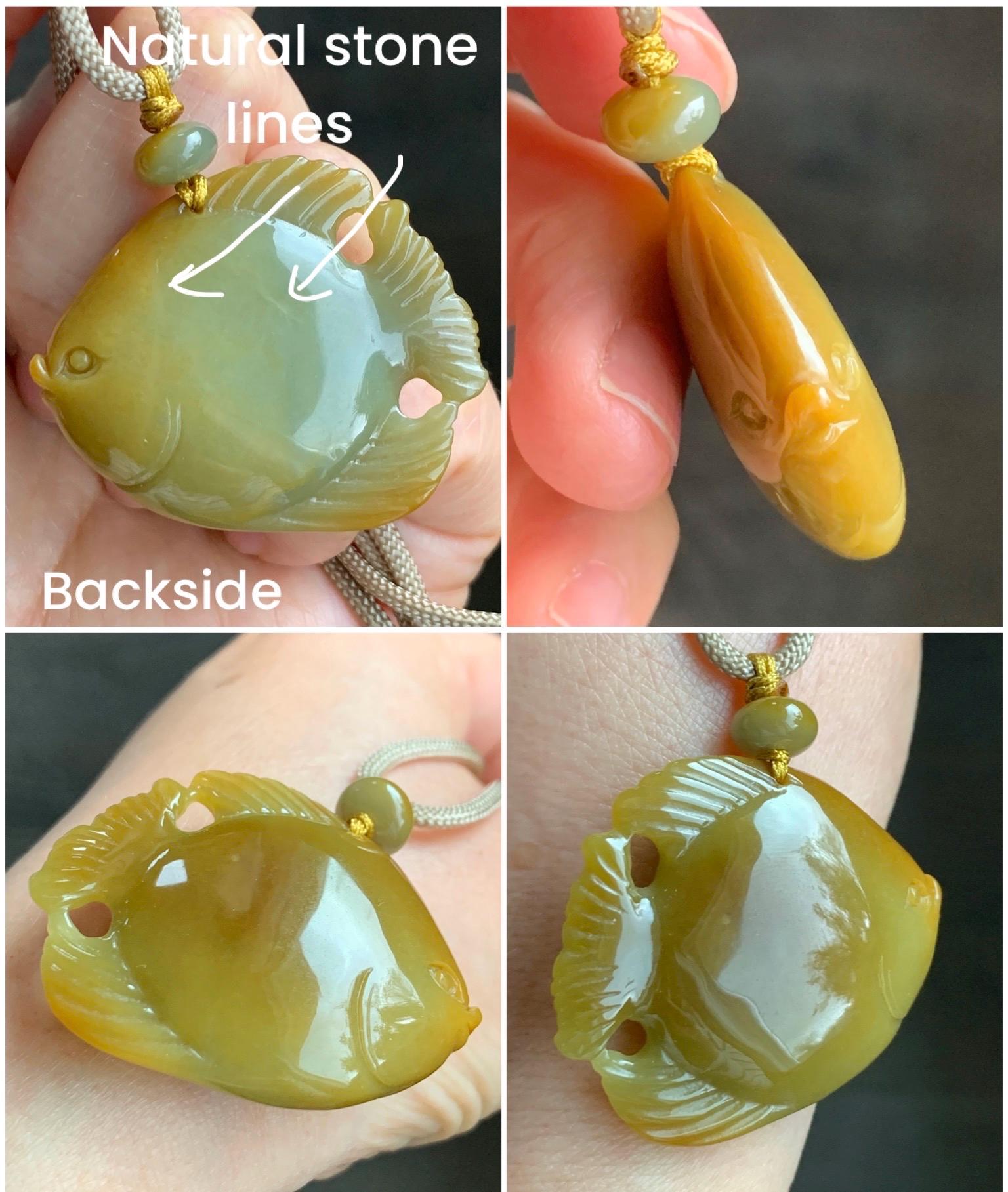 Natural Grade A Guatemalan Icy Translucent Intense Yellow Jadeite Carved Angel Fish Pendant Rope Necklace 26” 22g 天然危黄翡天使鱼吊坠挂件