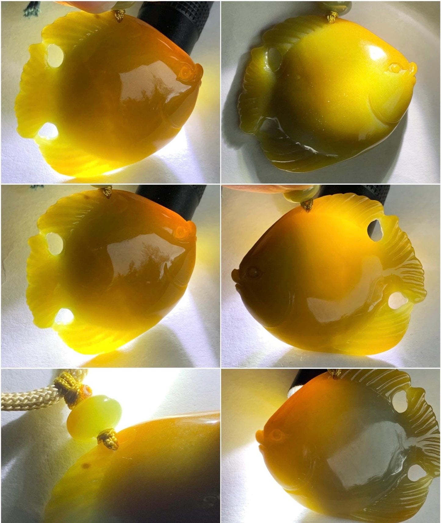 Natural Grade A Guatemalan Icy Translucent Intense Yellow Jadeite Carved Angel Fish Pendant Rope Necklace 26” 22g 天然危黄翡天使鱼吊坠挂件