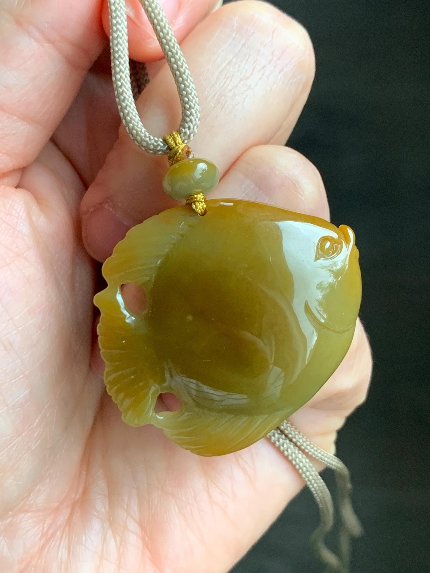 Natural Grade A Guatemalan Icy Translucent Intense Yellow Jadeite Carved Angel Fish Pendant Rope Necklace 26” 22g 天然危黄翡天使鱼吊坠挂件