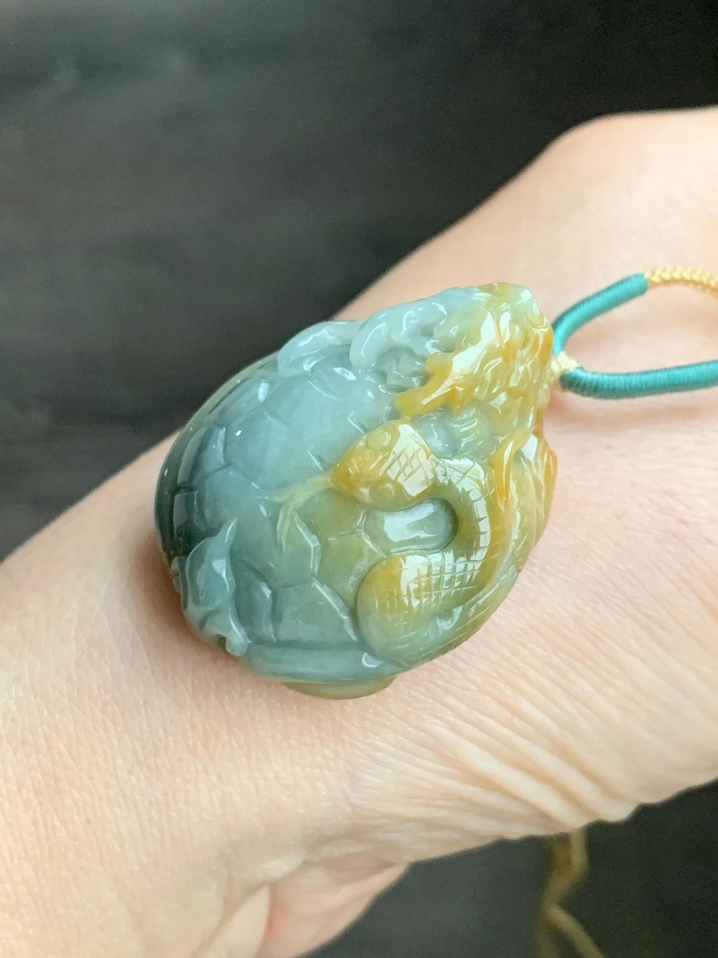 Natural Grade A Guatemalan Light Blue & Yellow Marbled Jadeite Black Tortoise Xuanwu Pendant Rope Necklace 24” 26g 天然危蓝加黄翡翠玄武吊坠挂件 A