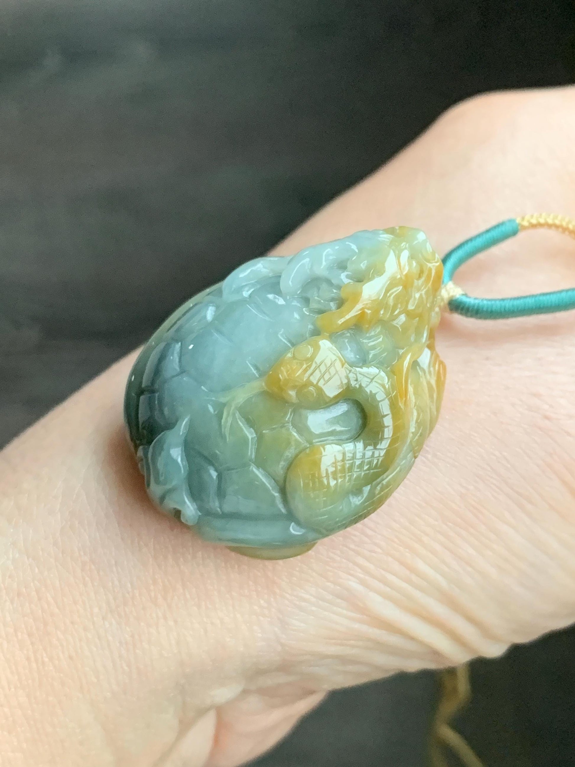 Natural Grade A Guatemalan Light Blue & Yellow Marbled Jadeite Black Tortoise Xuanwu Pendant Rope Necklace 24” 26g 天然危蓝加黄翡翠玄武吊坠挂件 A