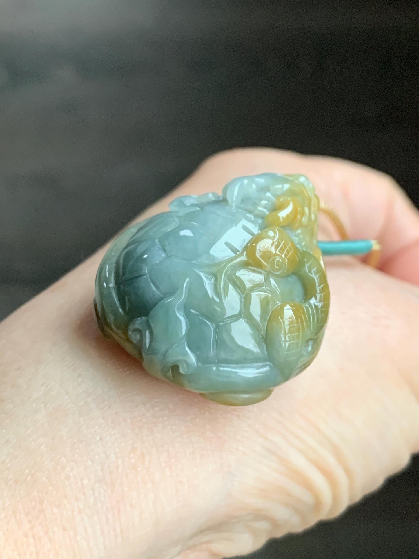 Natural Grade A Guatemalan Light Blue & Yellow Marbled Jadeite Black Tortoise Xuanwu Pendant Rope Necklace 24” 26g 天然危蓝加黄翡翠玄武吊坠挂件 A