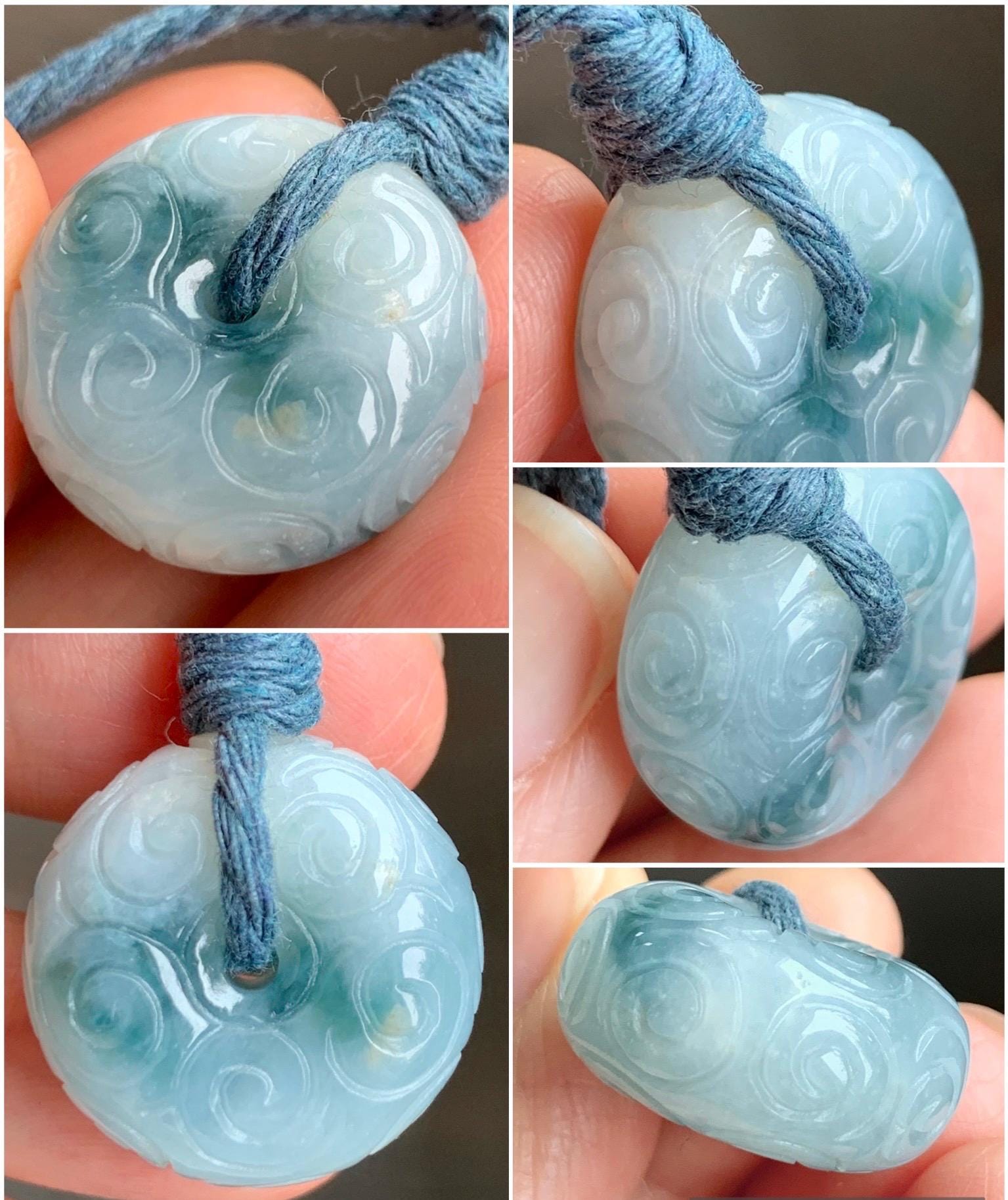 Natural Icy Translucent Pastel Blue Dark Blue Marbled Jadeite Engraved Ping An Kou Donut Pendant Rope Necklace 26” 14g 天然淡蓝飘花翡翠仿古雕平安扣吊坠 B