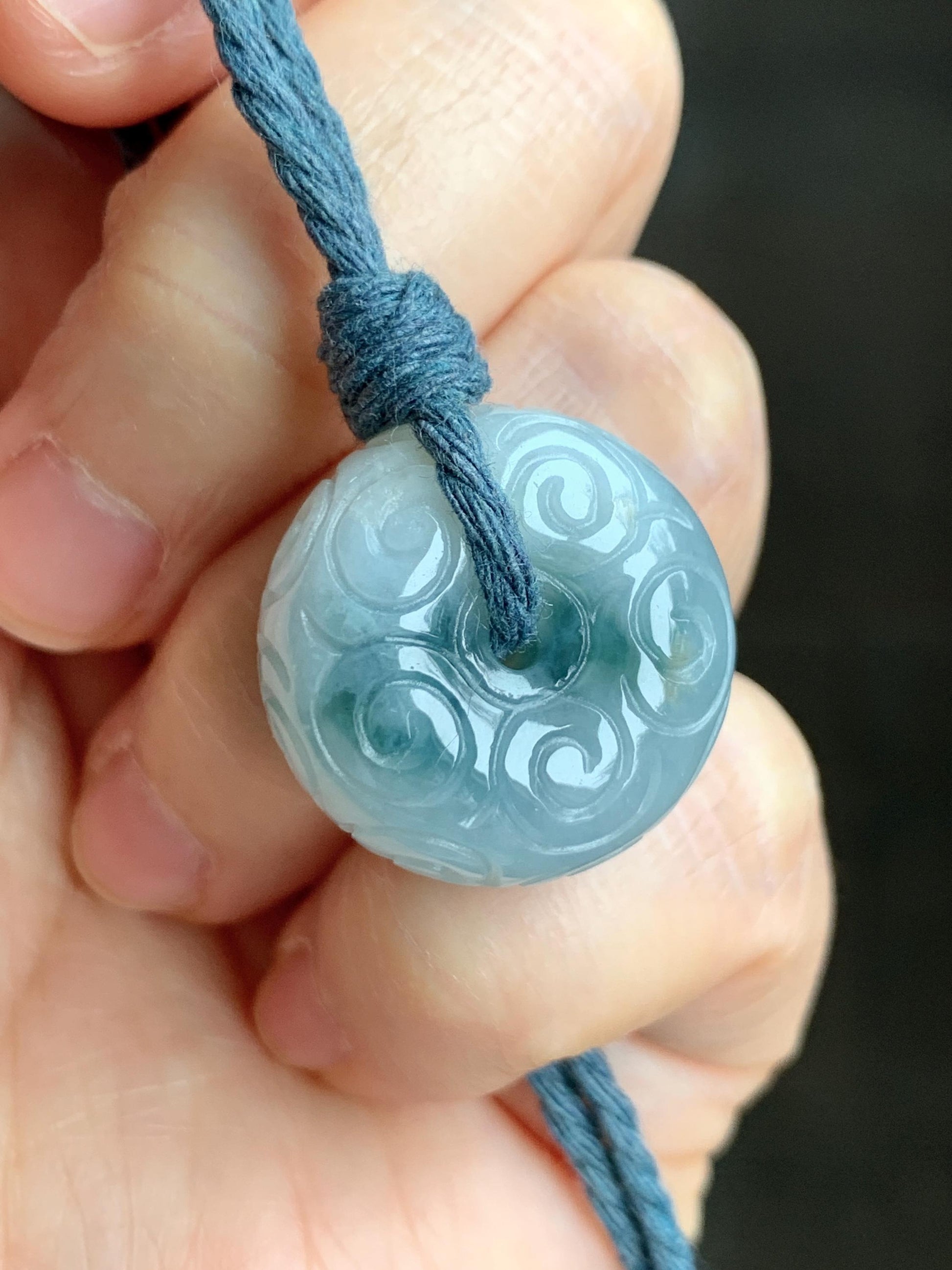 Natural Icy Translucent Pastel Blue Dark Blue Marbled Jadeite Engraved Ping An Kou Donut Pendant Rope Necklace 26” 14g 天然淡蓝飘花翡翠仿古雕平安扣吊坠 B