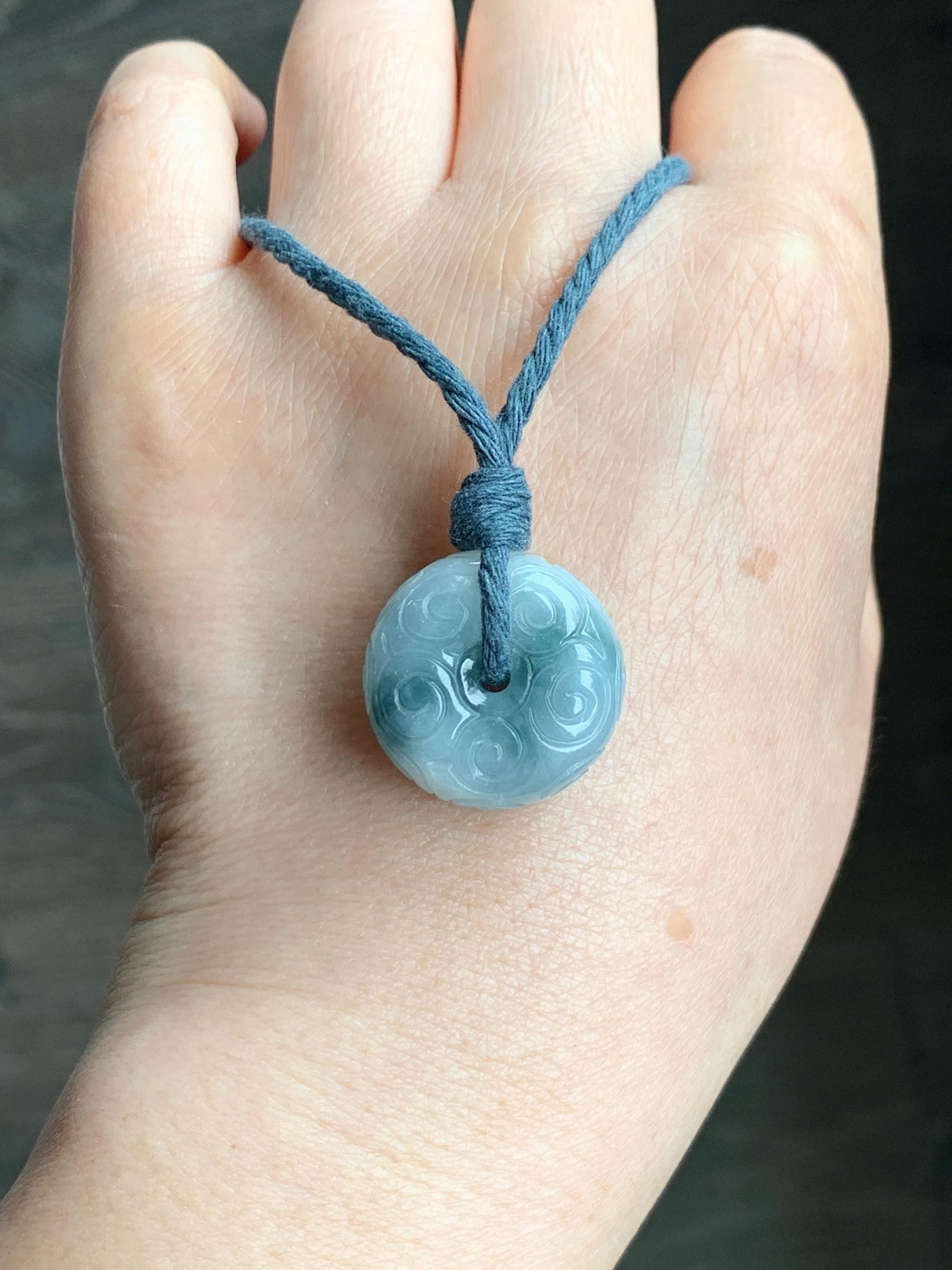 Natural Icy Translucent Pastel Blue Dark Blue Marbled Jadeite Engraved Ping An Kou Donut Pendant Rope Necklace 26” 14g 天然淡蓝飘花翡翠仿古雕平安扣吊坠 B