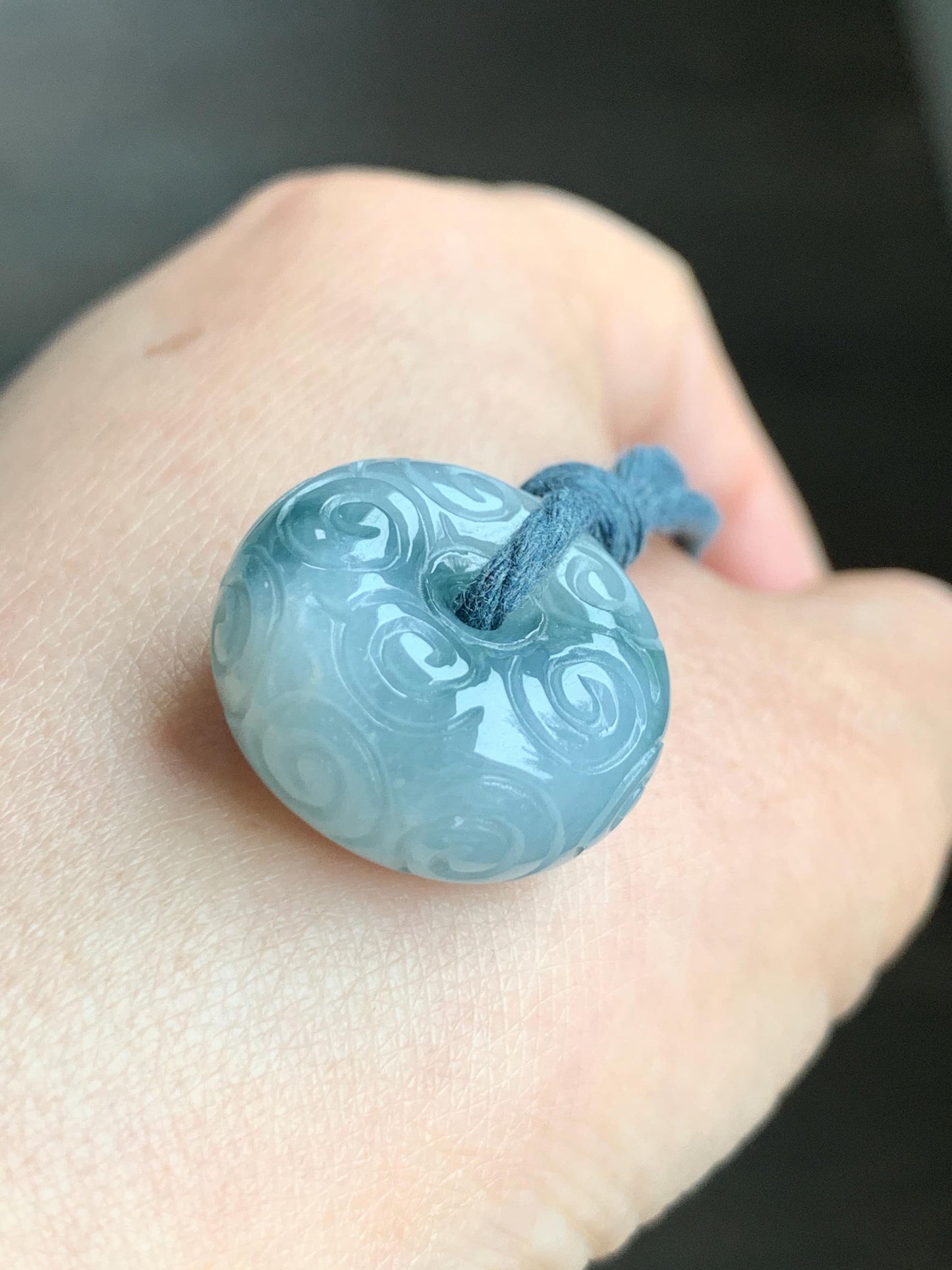 Natural Icy Translucent Pastel Blue Dark Blue Marbled Jadeite Engraved Ping An Kou Donut Pendant Rope Necklace 26” 14g 天然淡蓝飘花翡翠仿古雕平安扣吊坠 B
