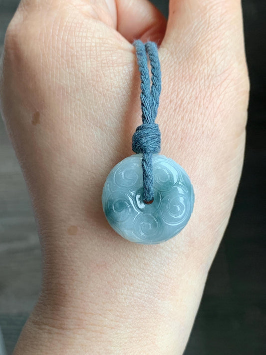 Natural Icy Translucent Pastel Blue Dark Blue Marbled Jadeite Engraved Ping An Kou Donut Pendant Rope Necklace 26” 14g 天然淡蓝飘花翡翠仿古雕平安扣吊坠 B