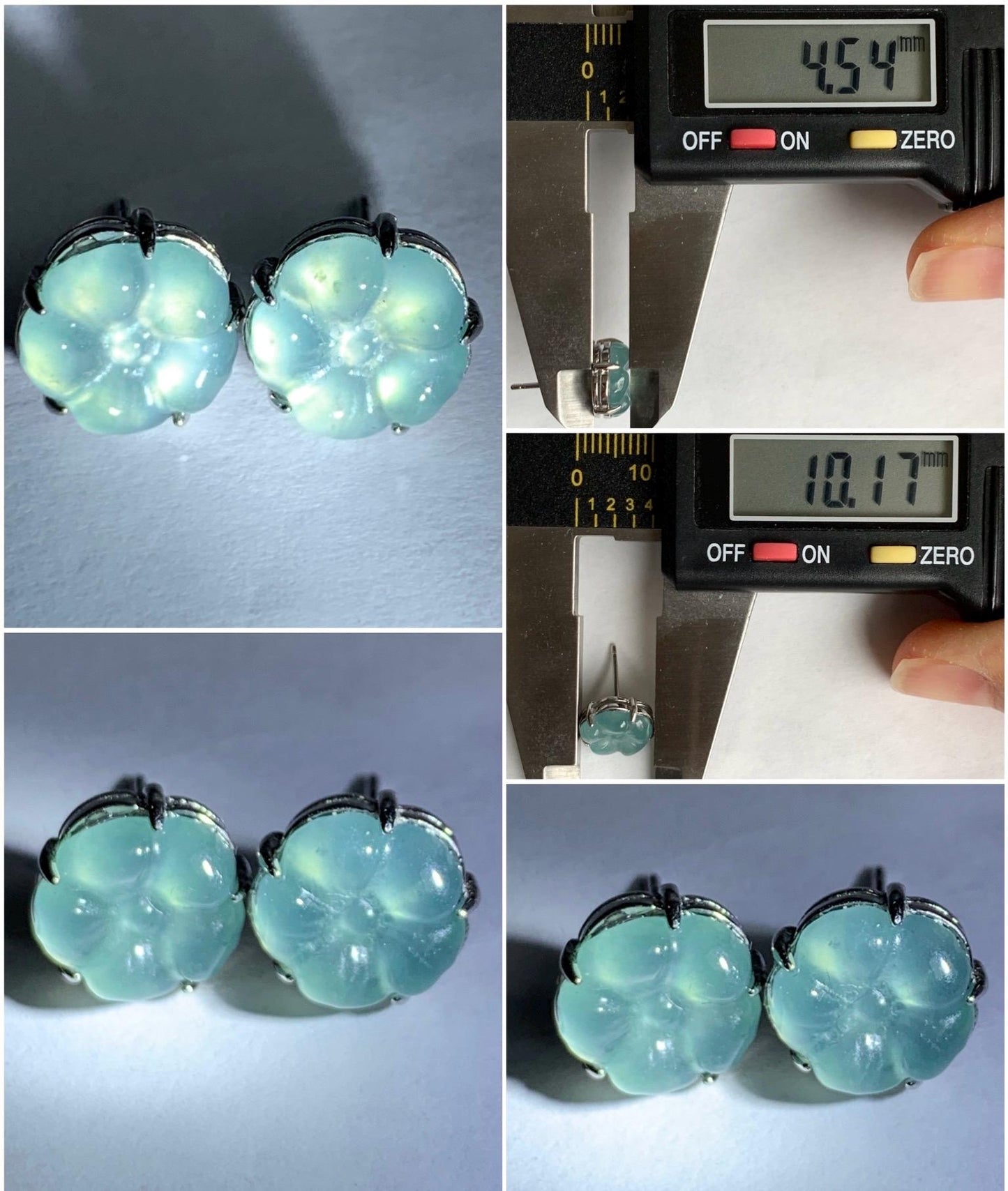 Natural Grade A Guatemalan Icy Highly Translucent Pastel Teal Blue Jadeite Carved Flower Stud Earrings 925 Sterling Silver 天然冰危蓝水翡翠银耳钉 ZWH77
