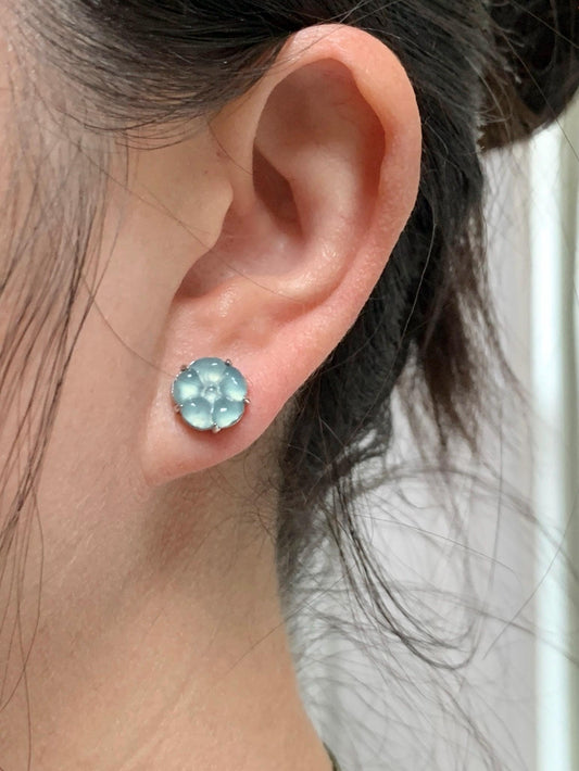 Natural Grade A Guatemalan Icy Highly Translucent Pastel Teal Blue Jadeite Carved Flower Stud Earrings 925 Sterling Silver 天然冰危蓝水翡翠银耳钉 ZWH77