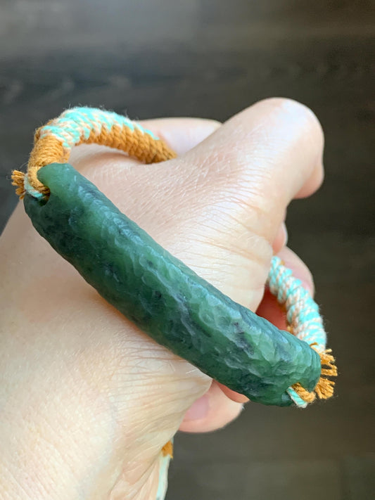 Natural Grade A Nephrite Jade Cuff Rope Bracelet Translucent Dark Green Adjustable 6.75" 20g 天然和田玉仿古手牌手绳 C