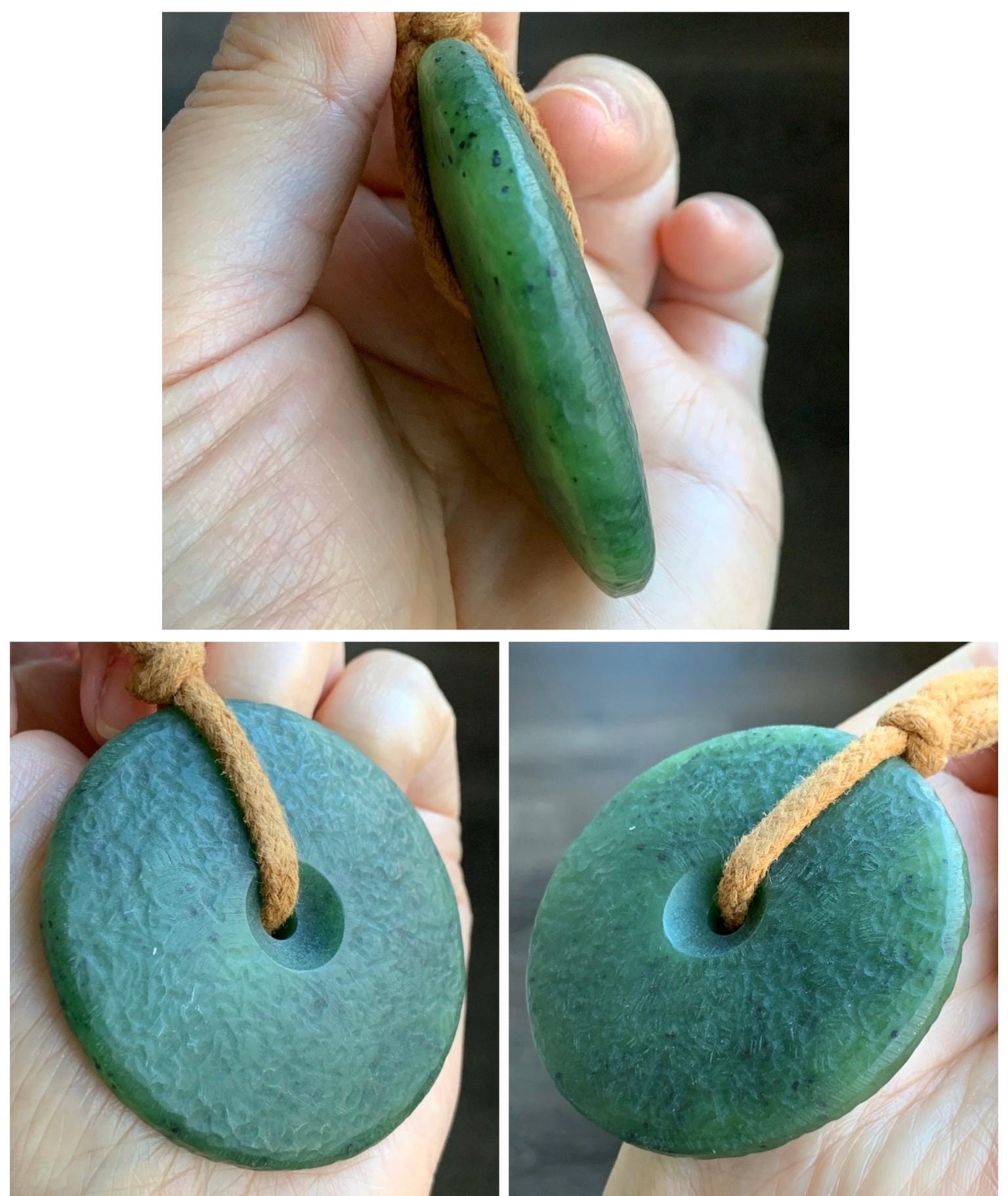 Natural Grade A Nephrite Jade Large Ping An Kou Donut Pendant Rope Necklace Translucent Dark Green Adjustable 67g 天然和田玉仿古平安扣项链