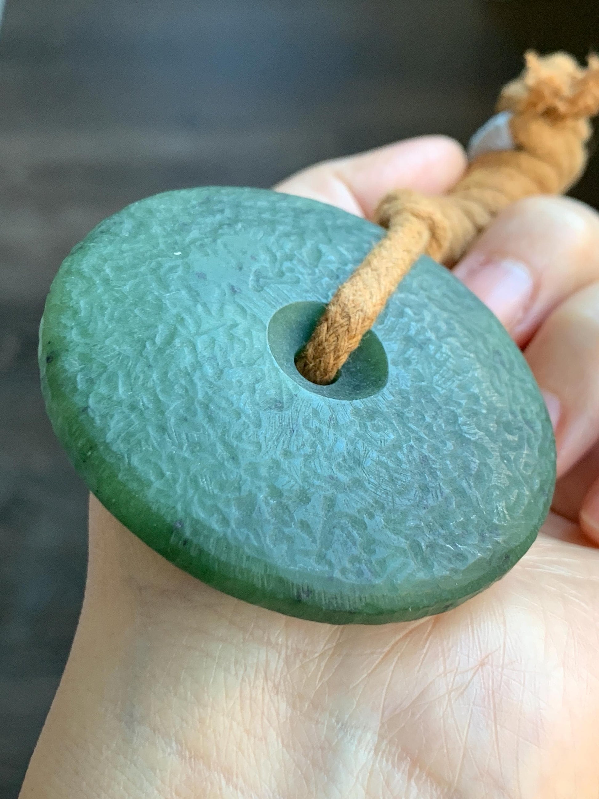 Natural Grade A Nephrite Jade Large Ping An Kou Donut Pendant Rope Necklace Translucent Dark Green Adjustable 67g 天然和田玉仿古平安扣项链