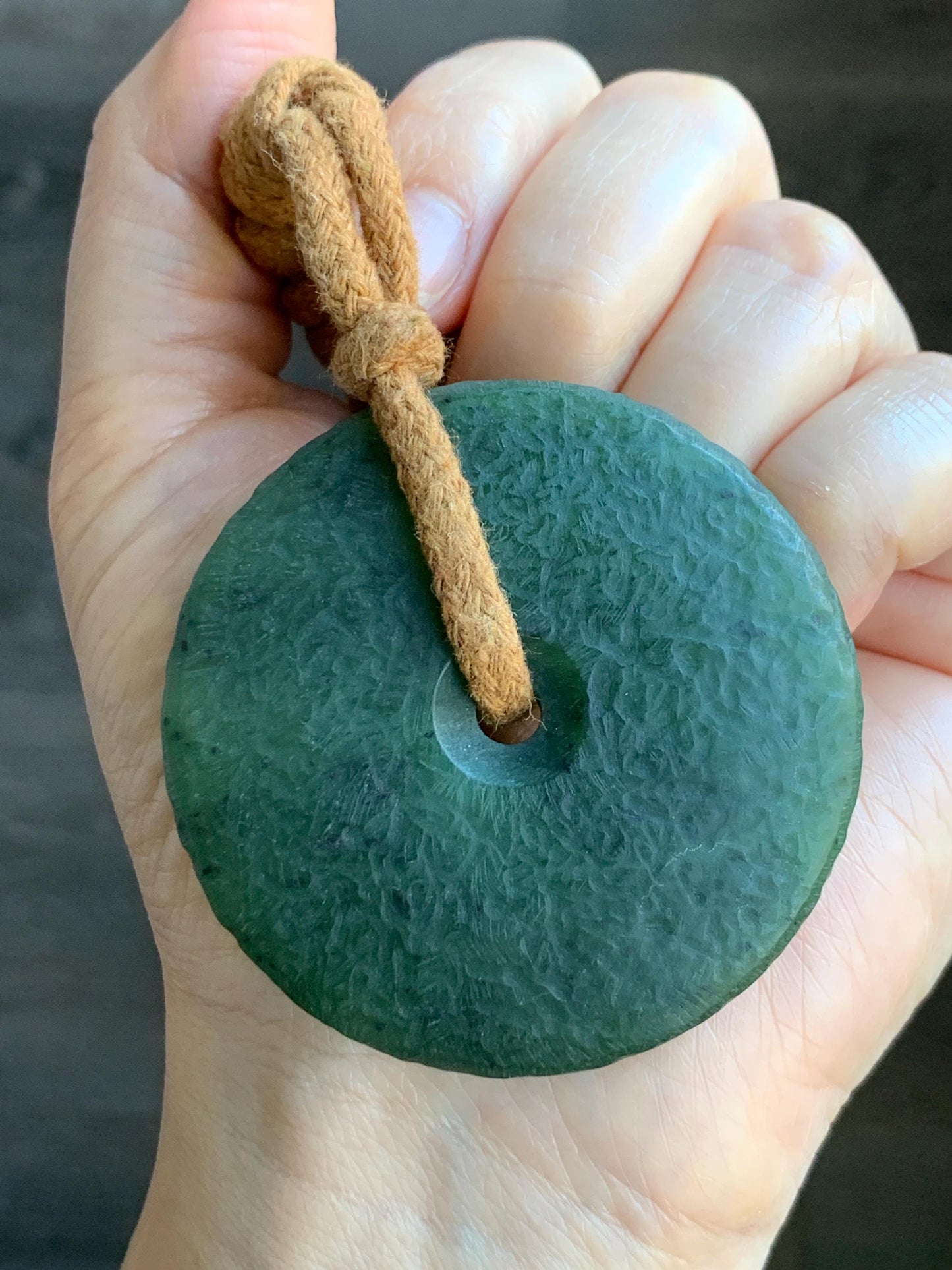 Natural Grade A Nephrite Jade Large Ping An Kou Donut Pendant Rope Necklace Translucent Dark Green Adjustable 67g 天然和田玉仿古平安扣项链