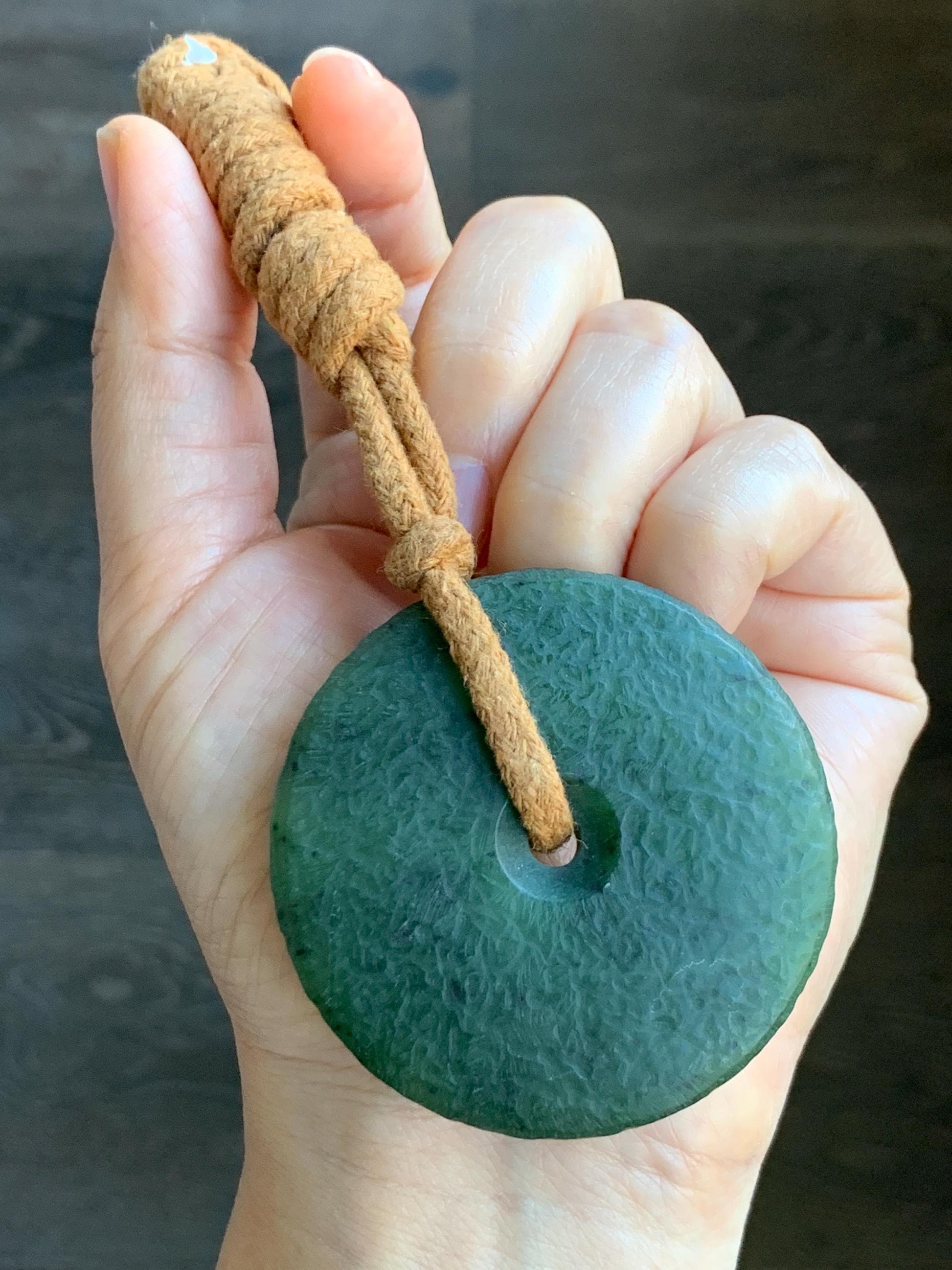 Natural Grade A Nephrite Jade Large Ping An Kou Donut Pendant Rope Necklace Translucent Dark Green Adjustable 67g 天然和田玉仿古平安扣项链