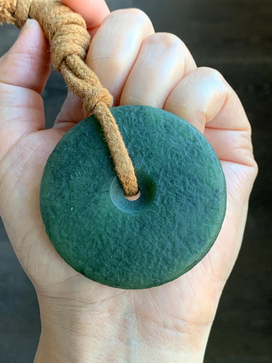 Natural Grade A Nephrite Jade Large Ping An Kou Donut Pendant Rope Necklace Translucent Dark Green Adjustable 67g 天然和田玉仿古平安扣项链