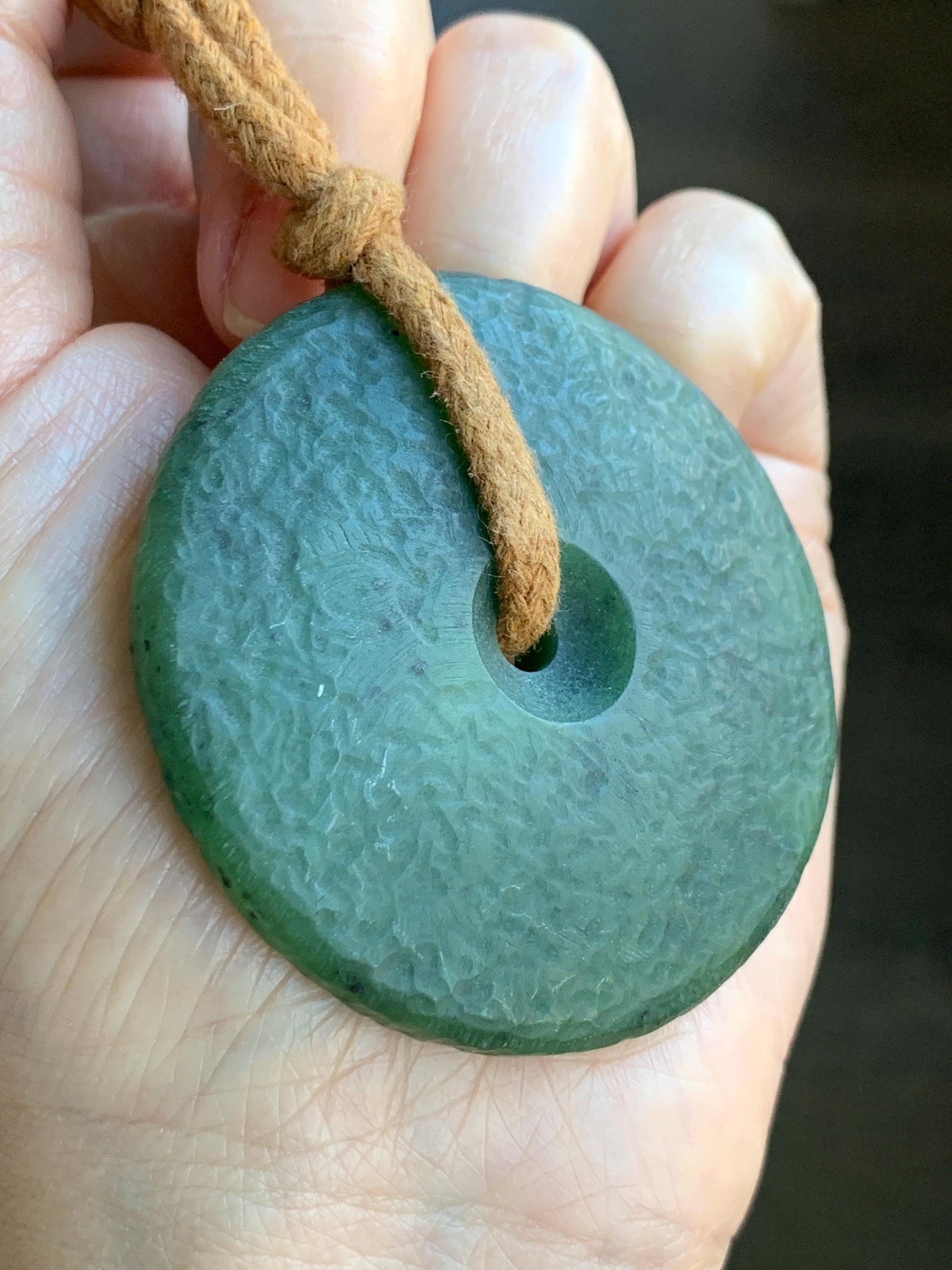 Natural Grade A Nephrite Jade Large Ping An Kou Donut Pendant Rope Necklace Translucent Dark Green Adjustable 67g 天然和田玉仿古平安扣项链