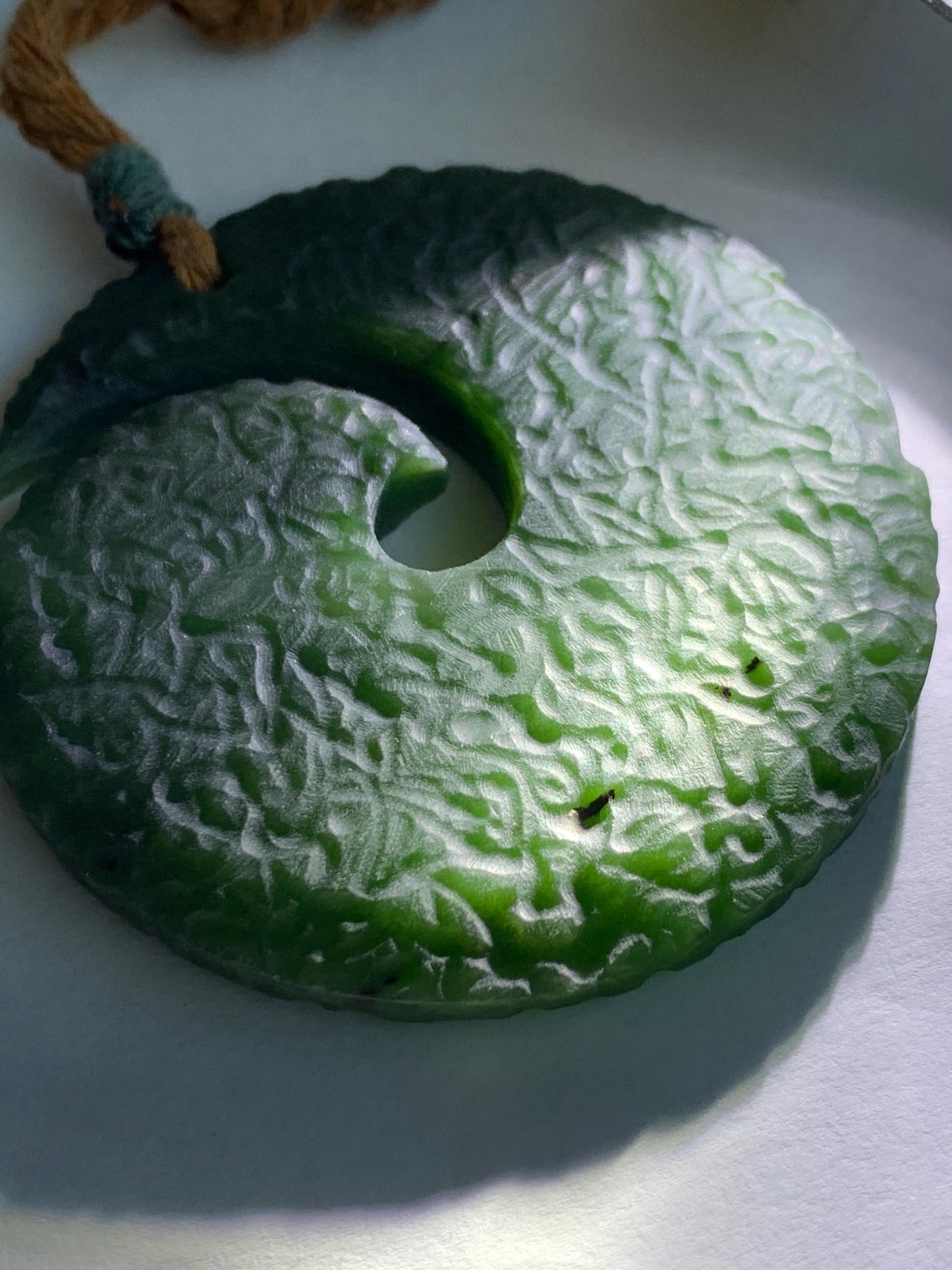 Natural Grade A Nephrite Jade Large Circle Pendant Rope Necklace Translucent Dark Green Adjustable 45g 天然和田玉仿时来运转挂件项链