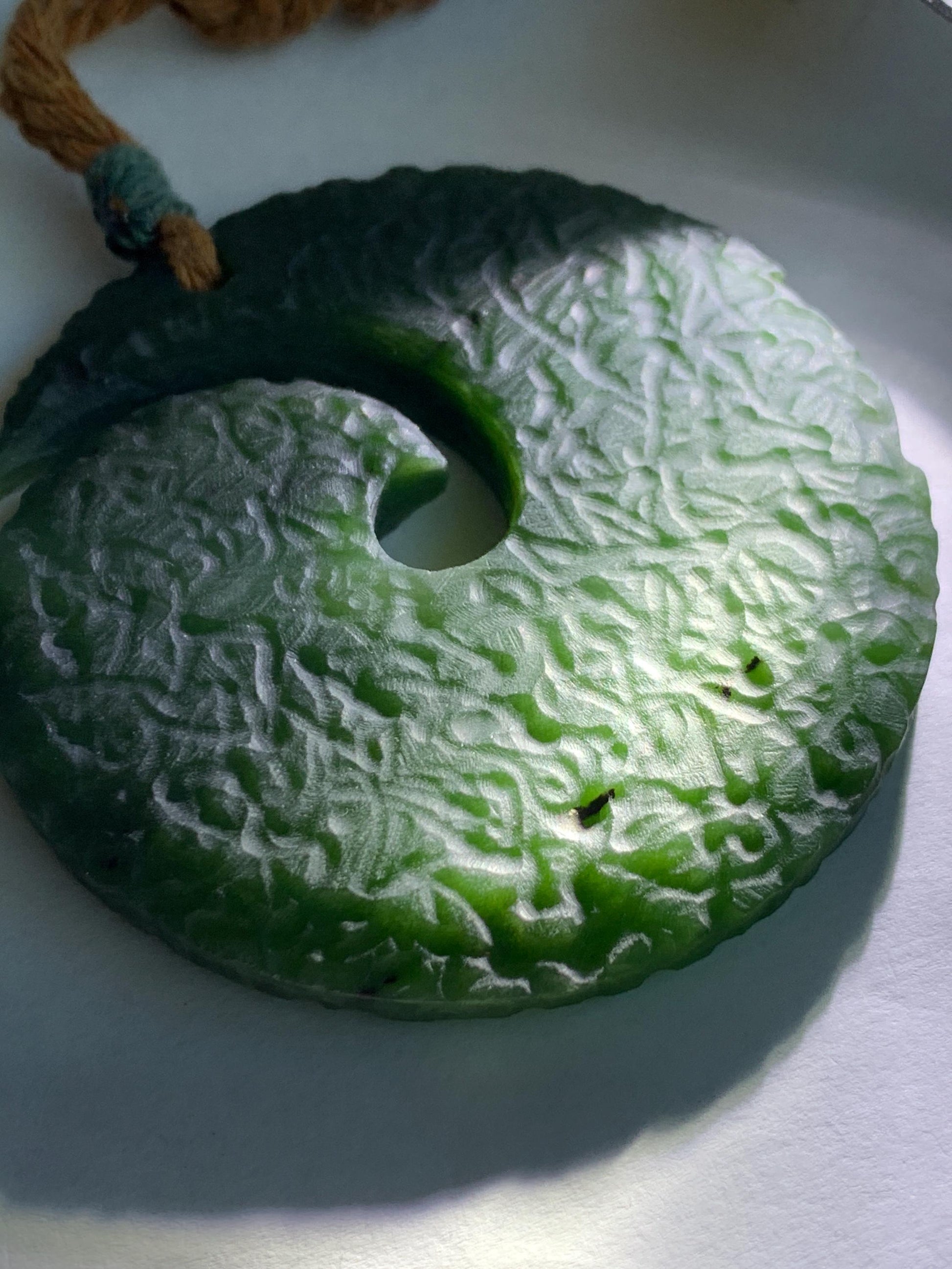 Natural Grade A Nephrite Jade Large Circle Pendant Rope Necklace Translucent Dark Green Adjustable 45g 天然和田玉仿时来运转挂件项链