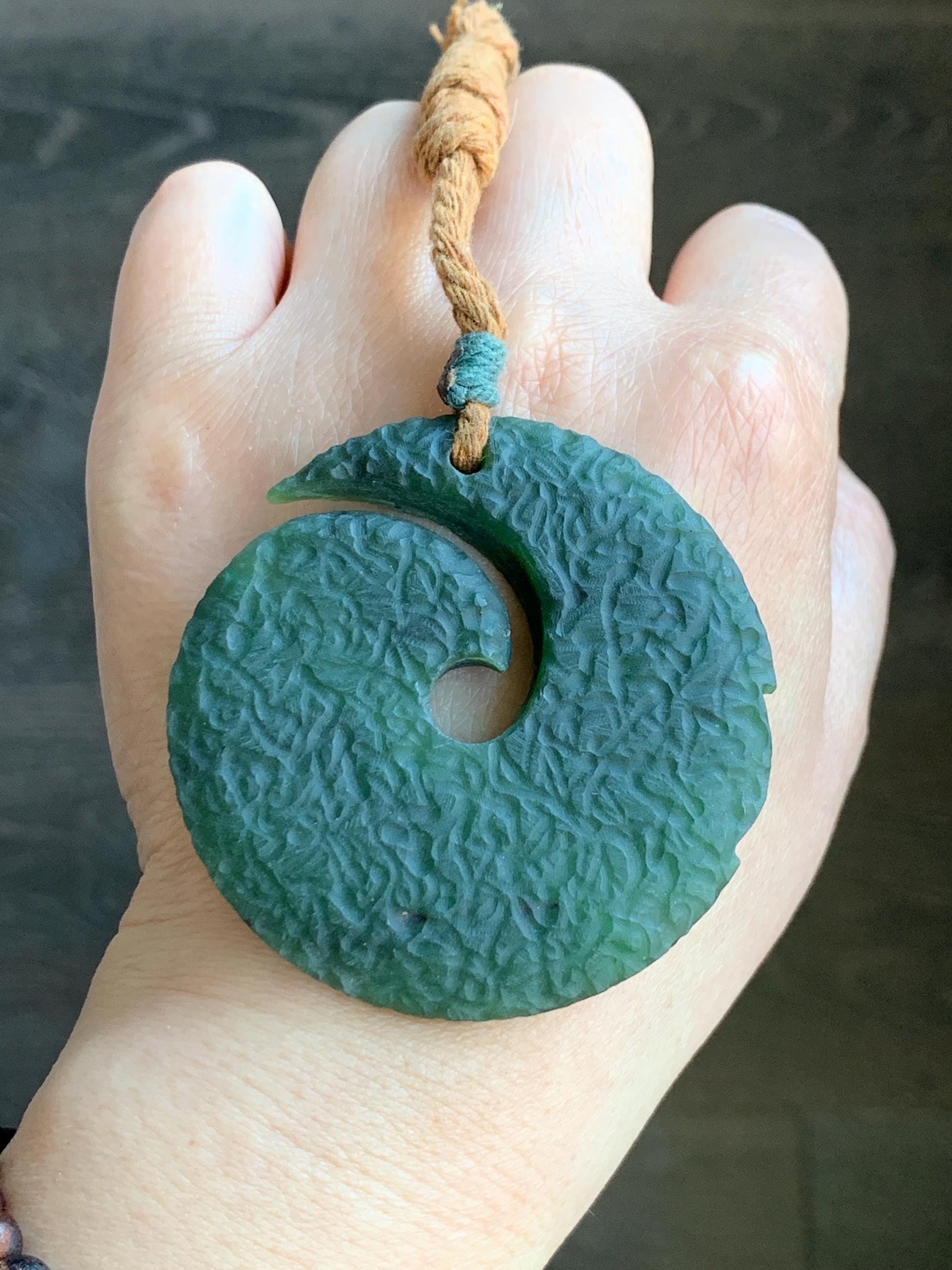 Natural Grade A Nephrite Jade Large Circle Pendant Rope Necklace Translucent Dark Green Adjustable 45g 天然和田玉仿时来运转挂件项链