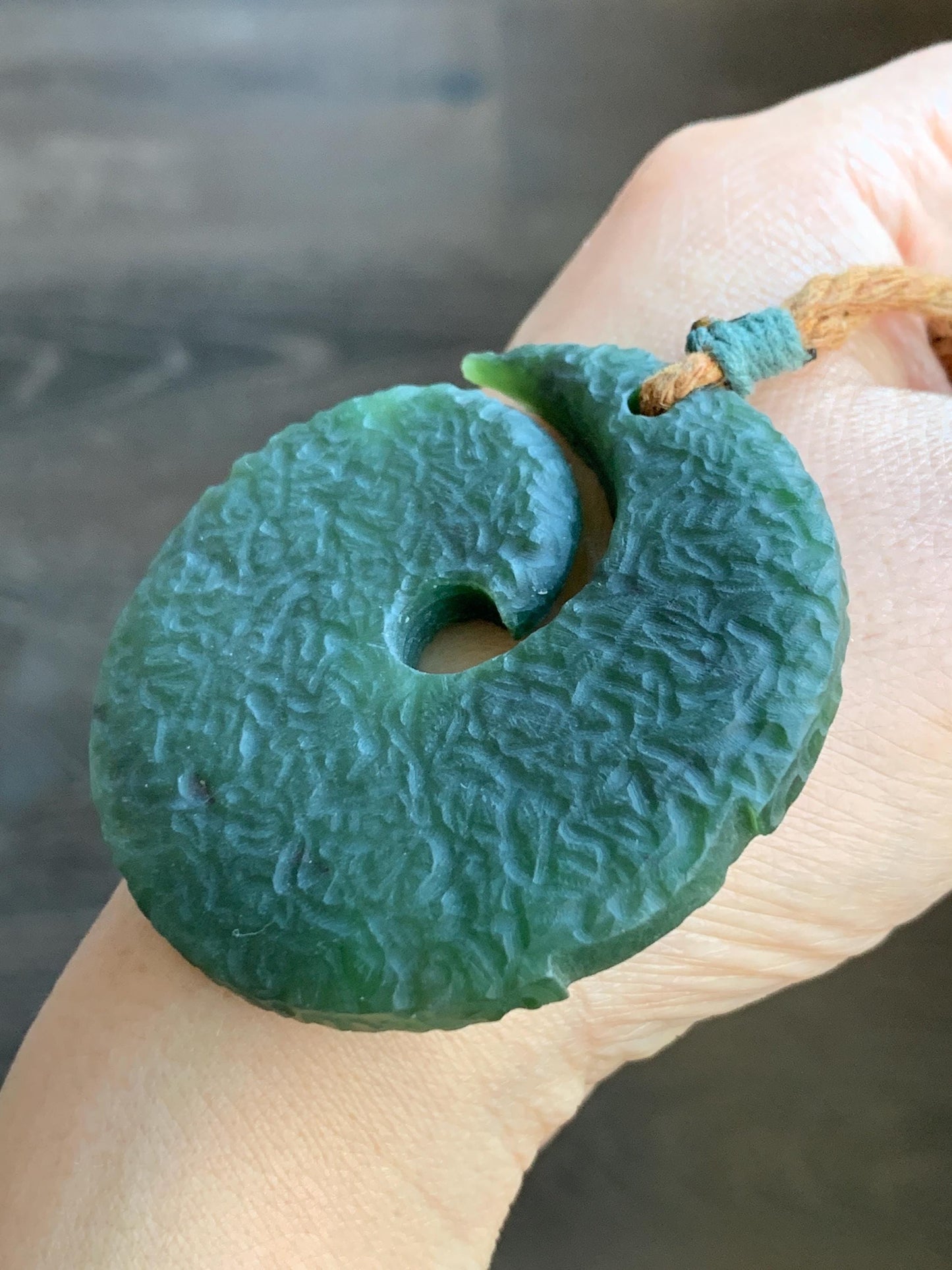 Natural Grade A Nephrite Jade Large Circle Pendant Rope Necklace Translucent Dark Green Adjustable 45g 天然和田玉仿时来运转挂件项链