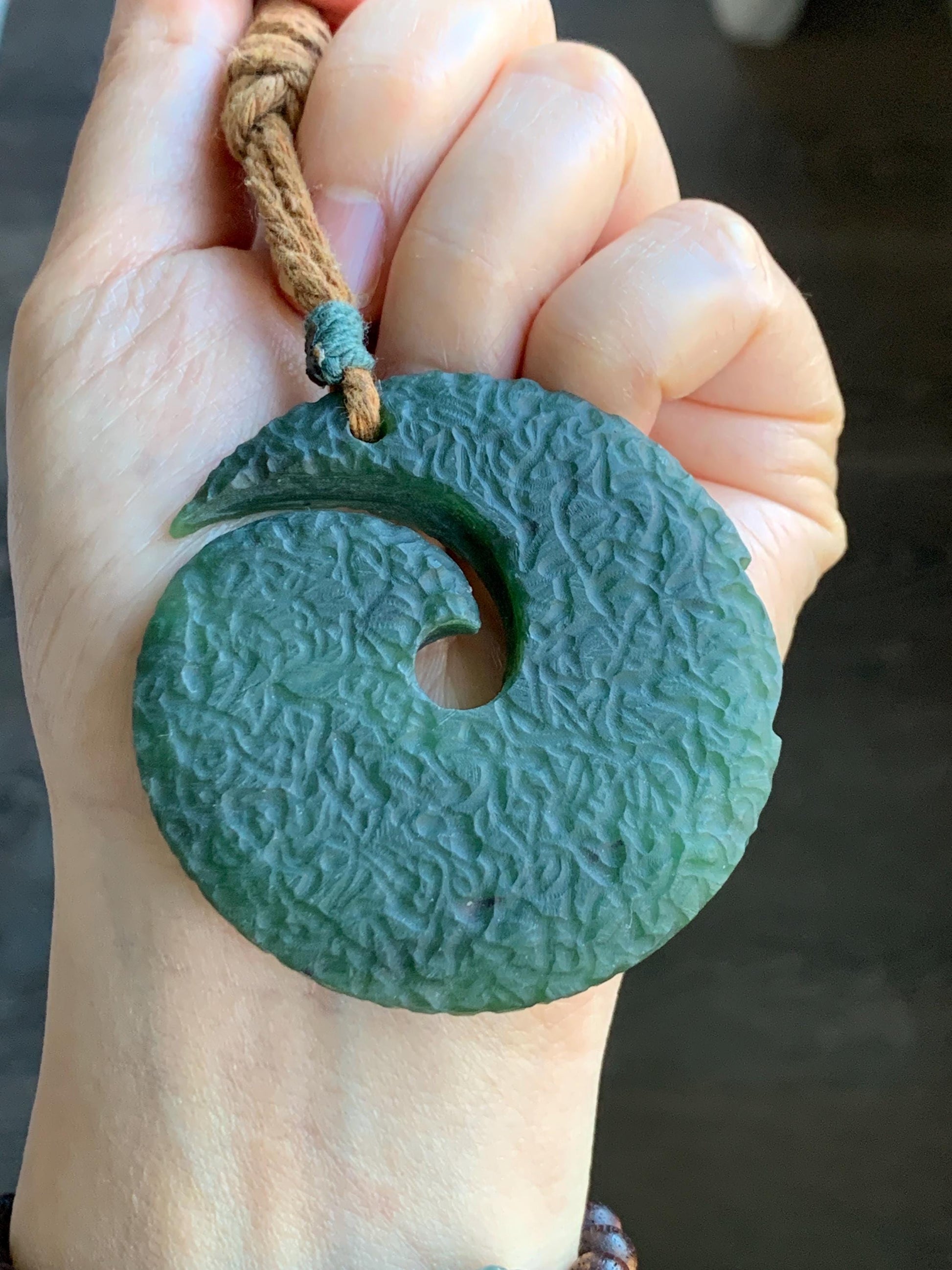 Natural Grade A Nephrite Jade Large Circle Pendant Rope Necklace Translucent Dark Green Adjustable 45g 天然和田玉仿时来运转挂件项链