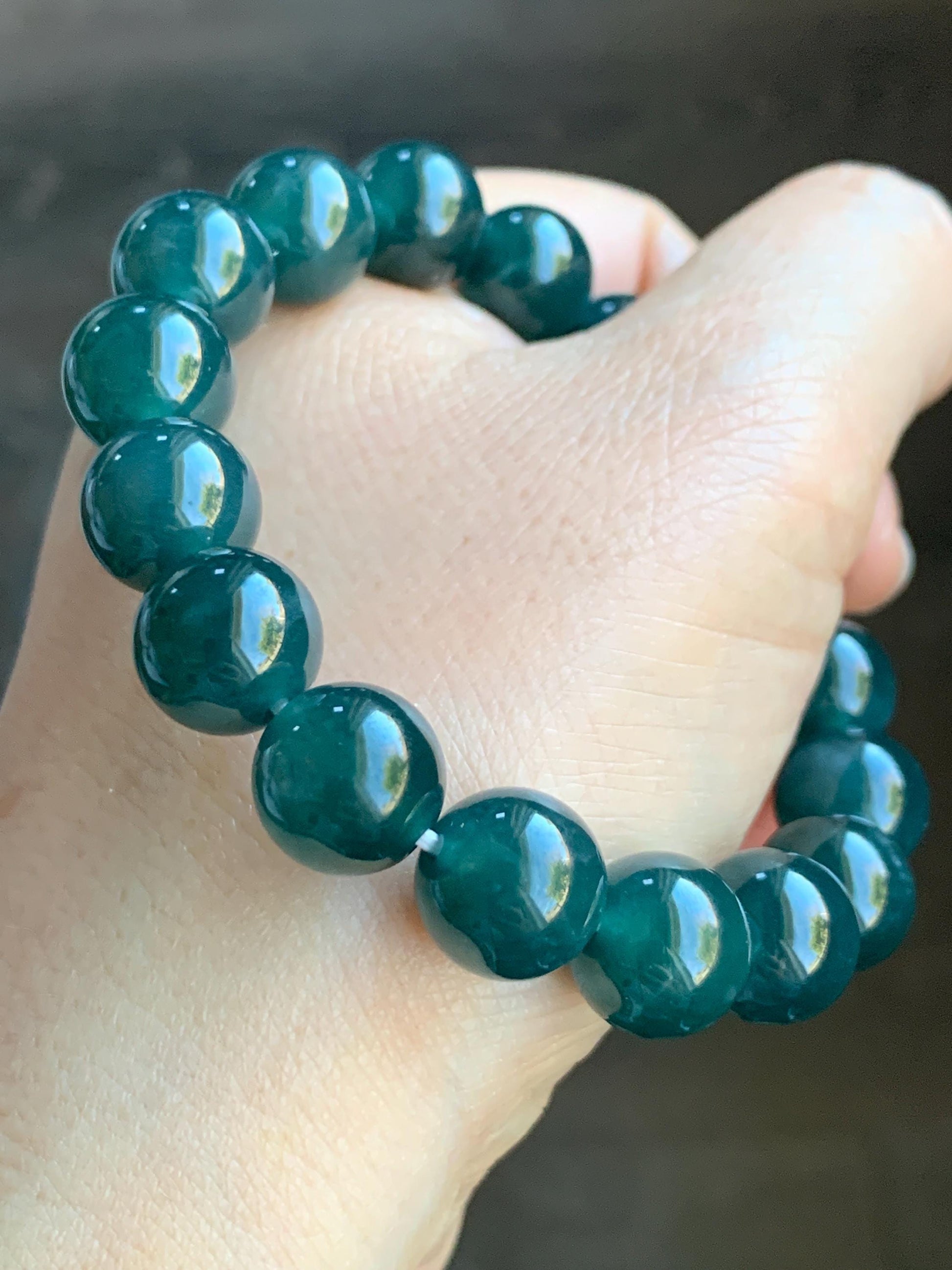 Certified Natural Grade A Guatemalan Icy Translucent Gelatinous Dark Teal Blue Jadeite Beaded Bracelet 11.8mm 7.25” 48g 天然老种冰危深蓝翡翠大卡手串 7853