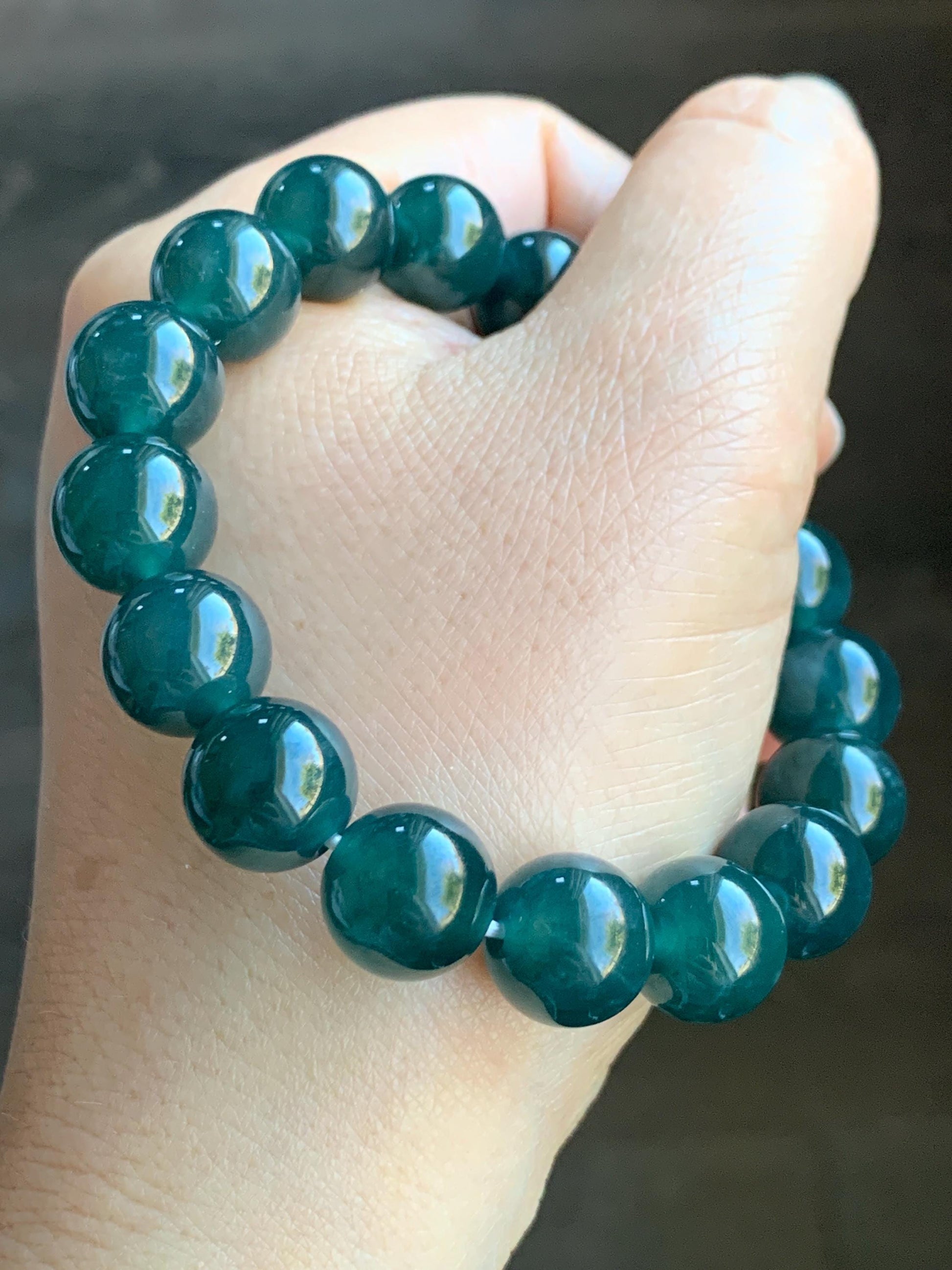 Certified Natural Grade A Guatemalan Icy Translucent Gelatinous Dark Teal Blue Jadeite Beaded Bracelet 11.8mm 7.25” 48g 天然老种冰危深蓝翡翠大卡手串 7853