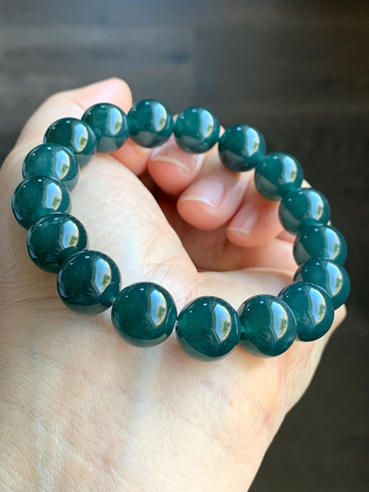 Certified Natural Grade A Guatemalan Icy Translucent Gelatinous Dark Teal Blue Jadeite Beaded Bracelet 11.8mm 7.25” 48g 天然老种冰危深蓝翡翠大卡手串 7853